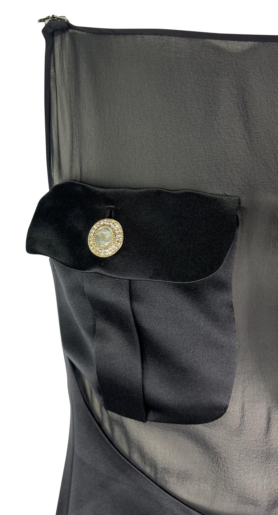 F/W 1996 Gianni Versace Runway Sheer Satin Rhinestone Medusa Pocket Mini Dress - RealList