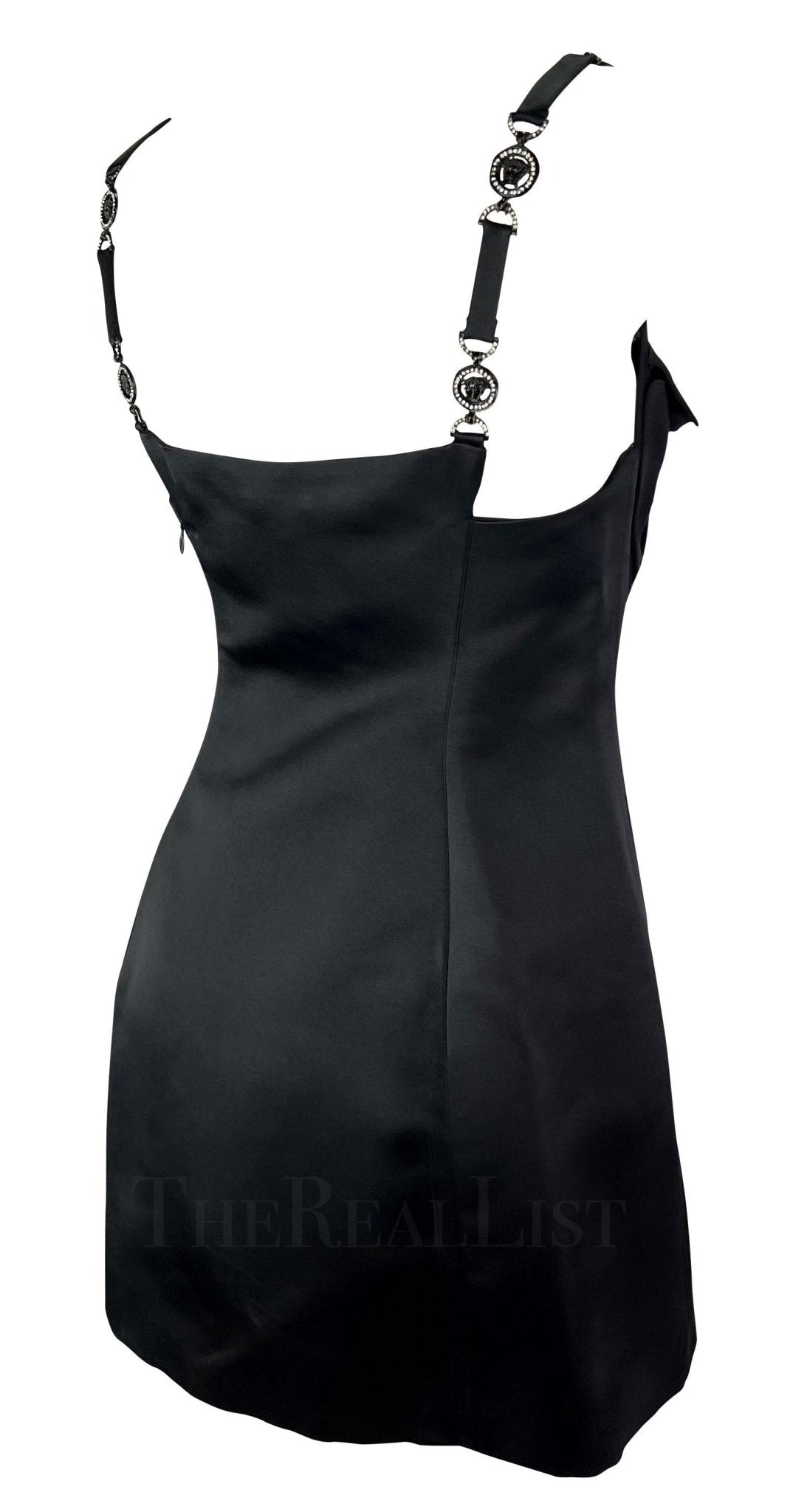 F/W 1996 Gianni Versace Runway Sheer Satin Rhinestone Medusa Pocket Mini Dress - RealList