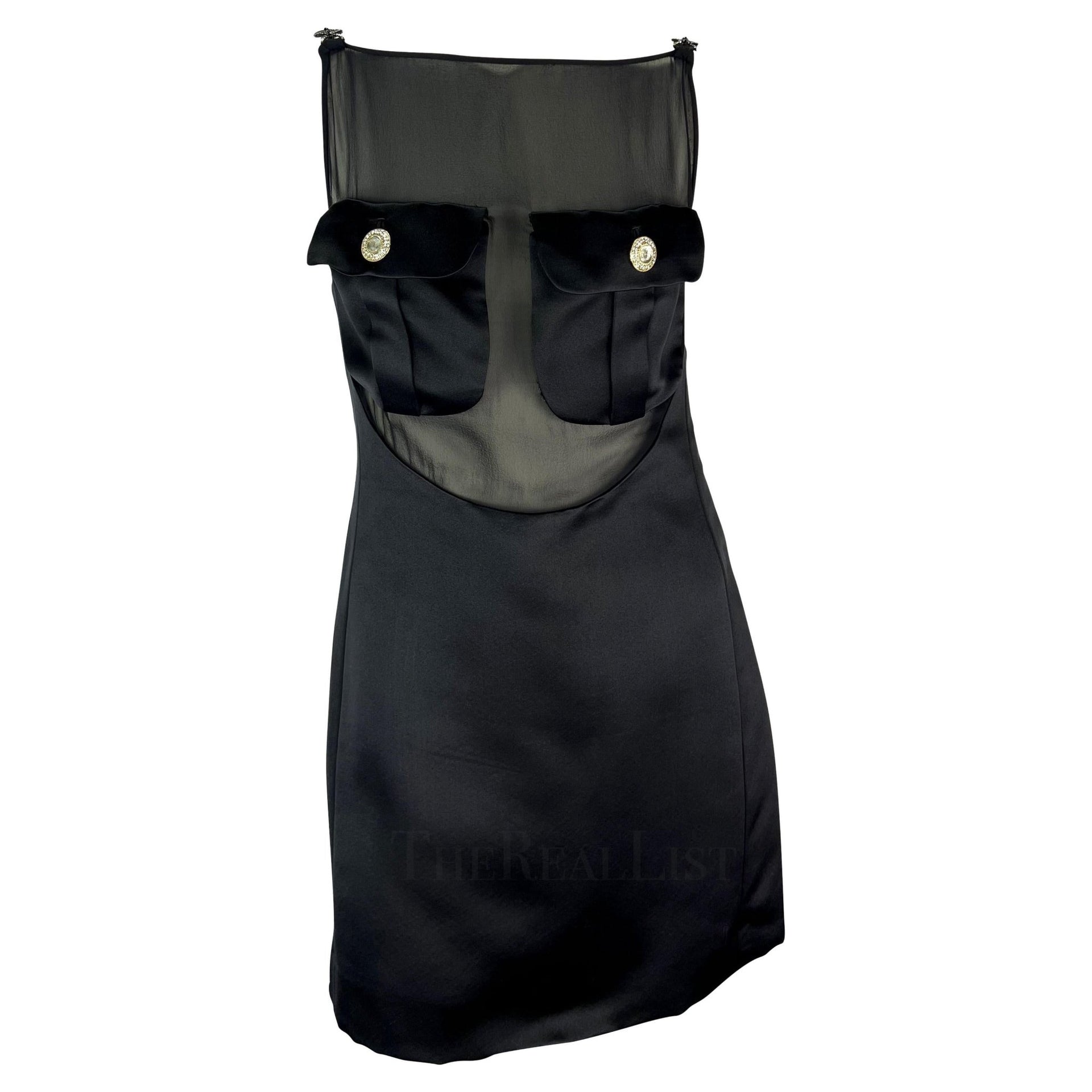 F/W 1996 Gianni Versace Runway Sheer Satin Rhinestone Medusa Pocket Mini Dress - RealList