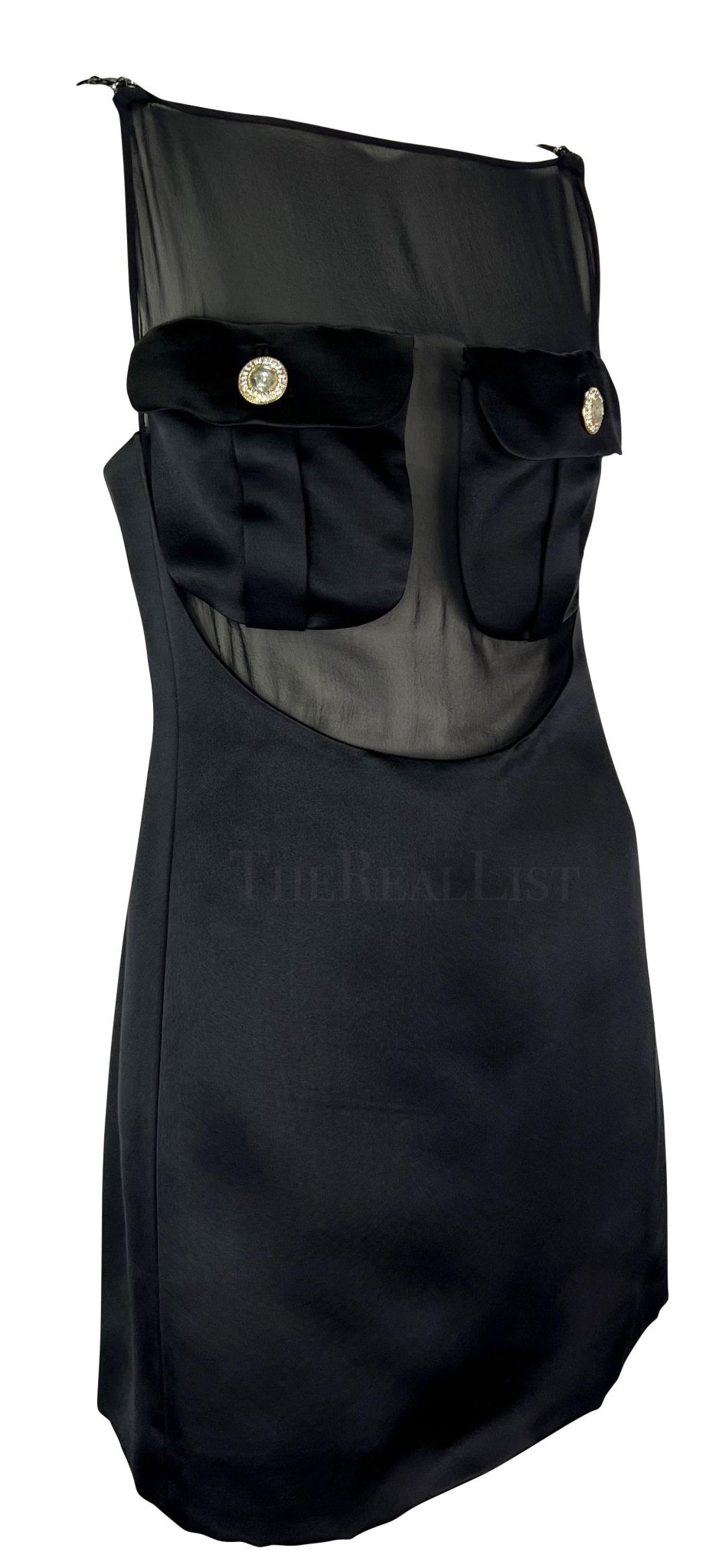 F/W 1996 Gianni Versace Runway Sheer Satin Rhinestone Medusa Pocket Mini Dress - RealList