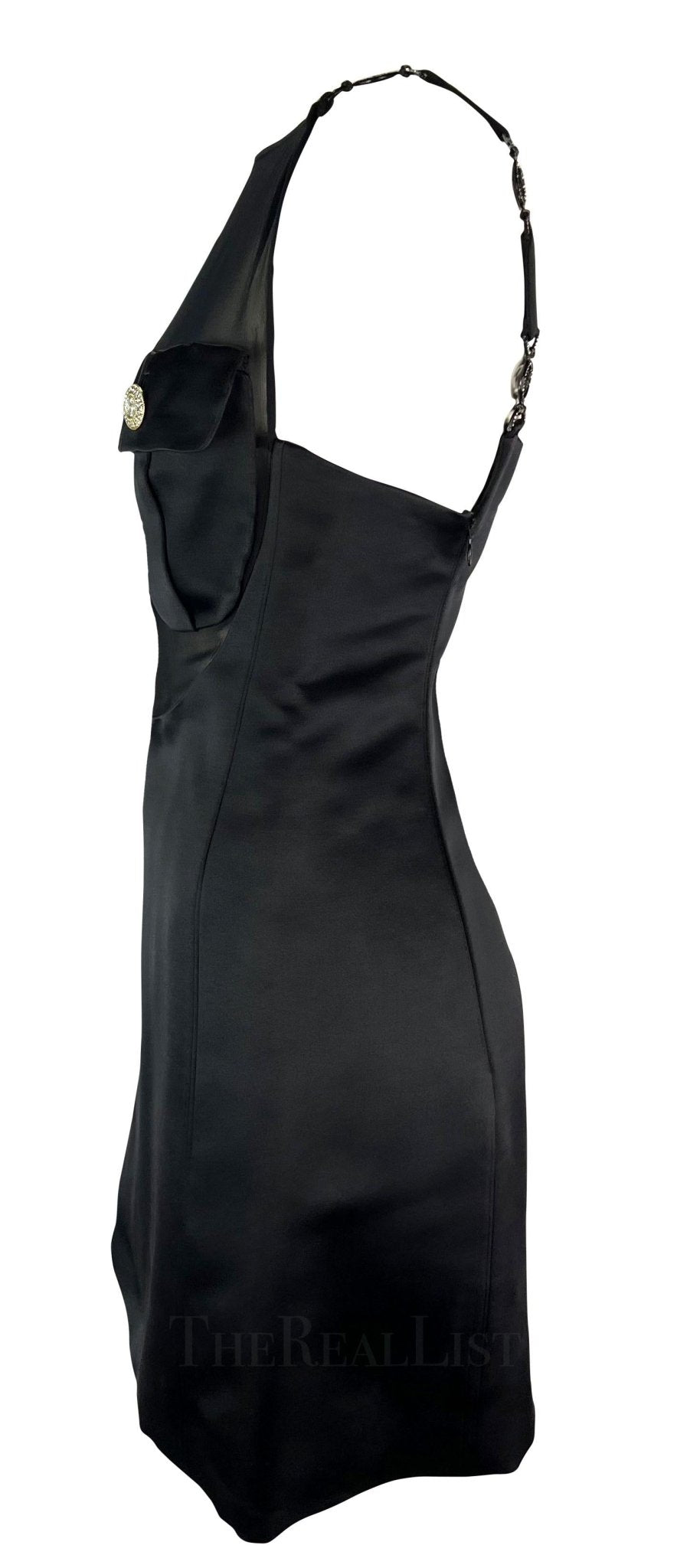 F/W 1996 Gianni Versace Runway Sheer Satin Rhinestone Medusa Pocket Mini Dress - RealList