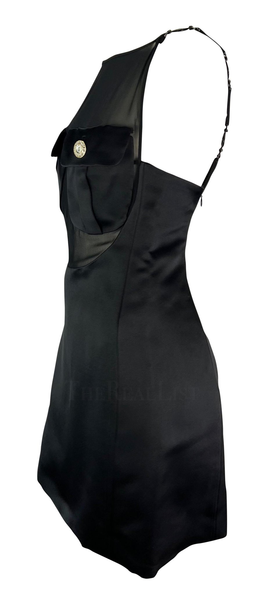 F/W 1996 Gianni Versace Runway Sheer Satin Rhinestone Medusa Pocket Mini Dress - RealList