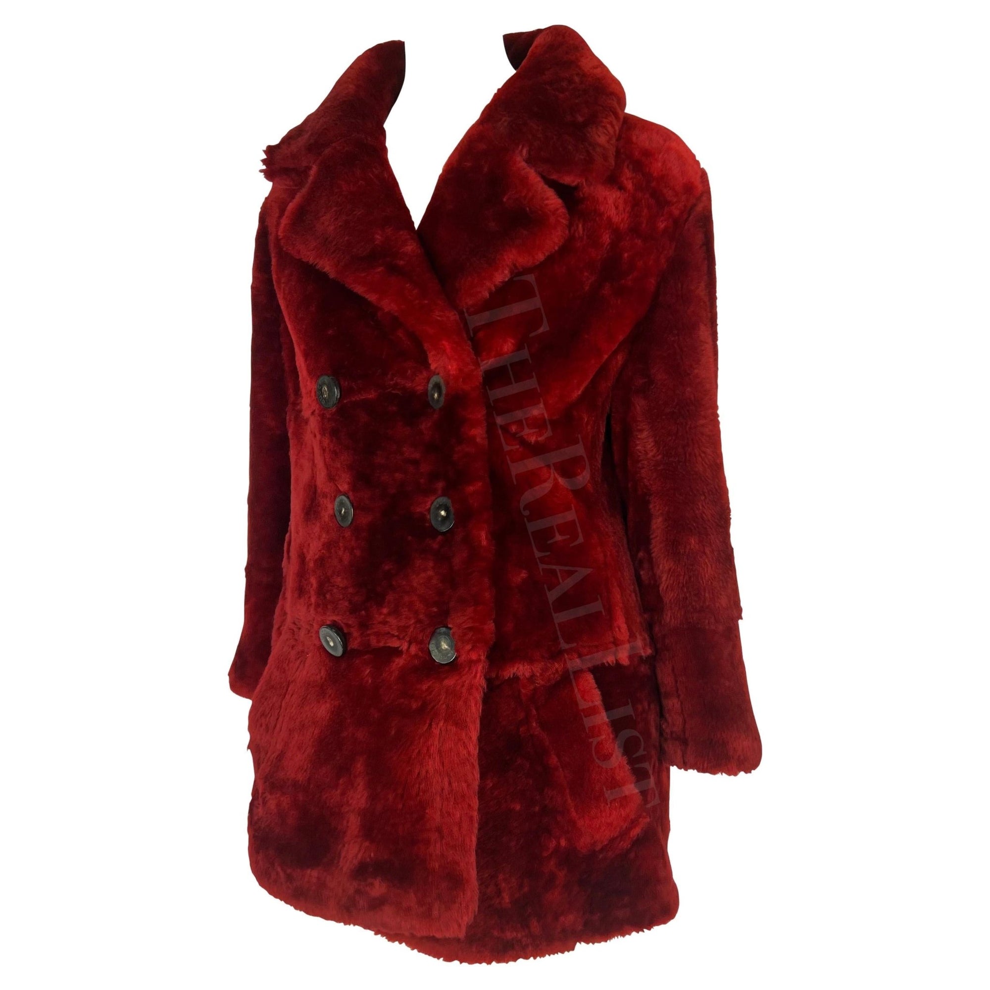 F/W 1996 Gucci by Tom Ford Deep Red Double Breasted Shearling Coat - RealList