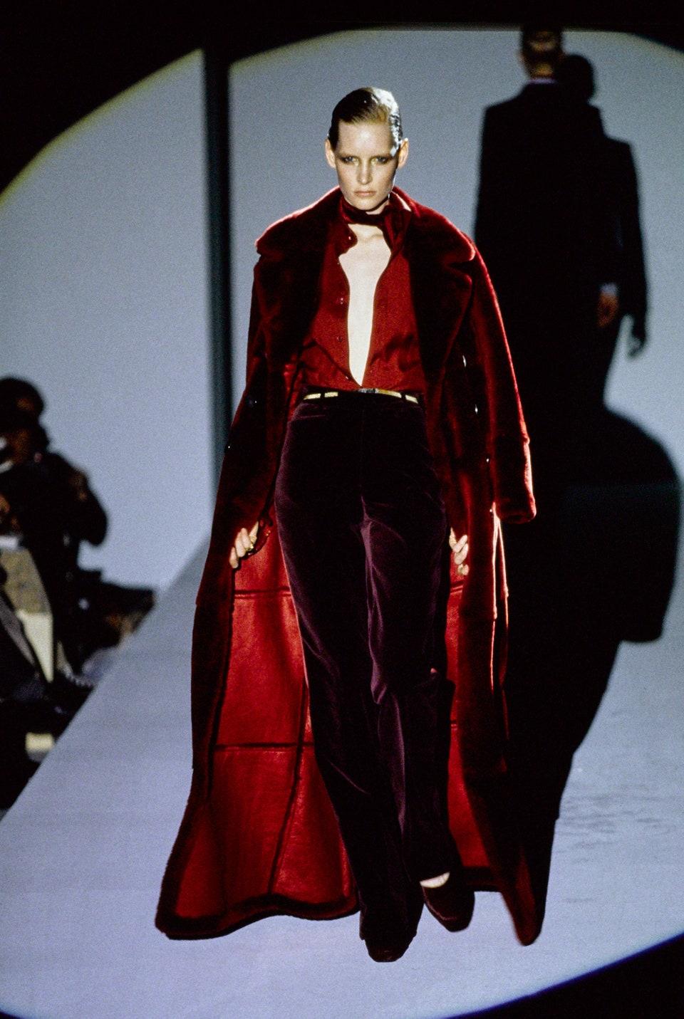 F/W 1996 Gucci by Tom Ford Deep Red Double Breasted Shearling Coat - RealList