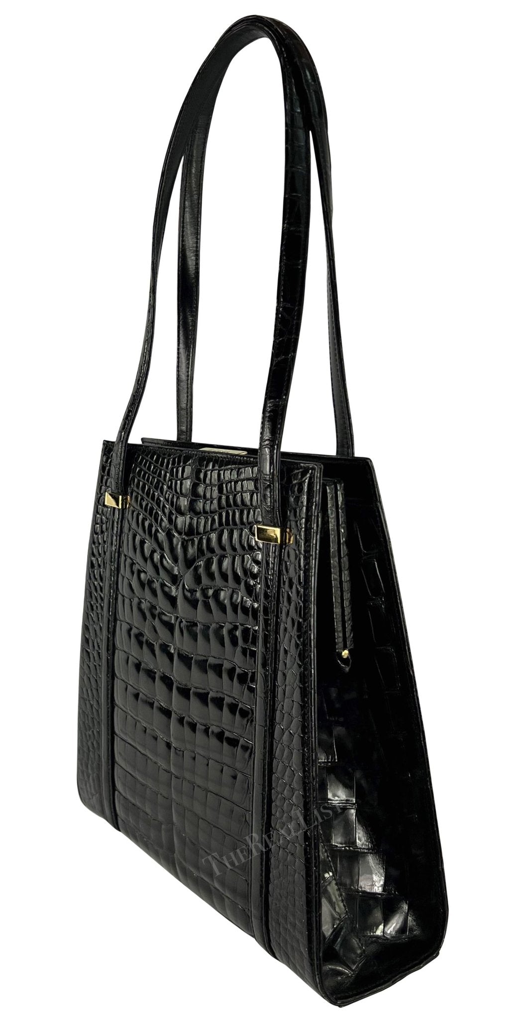 F/W 1996 Gucci by Tom Ford Large Black Glossy Crocodile Shoulder Bag - RealList