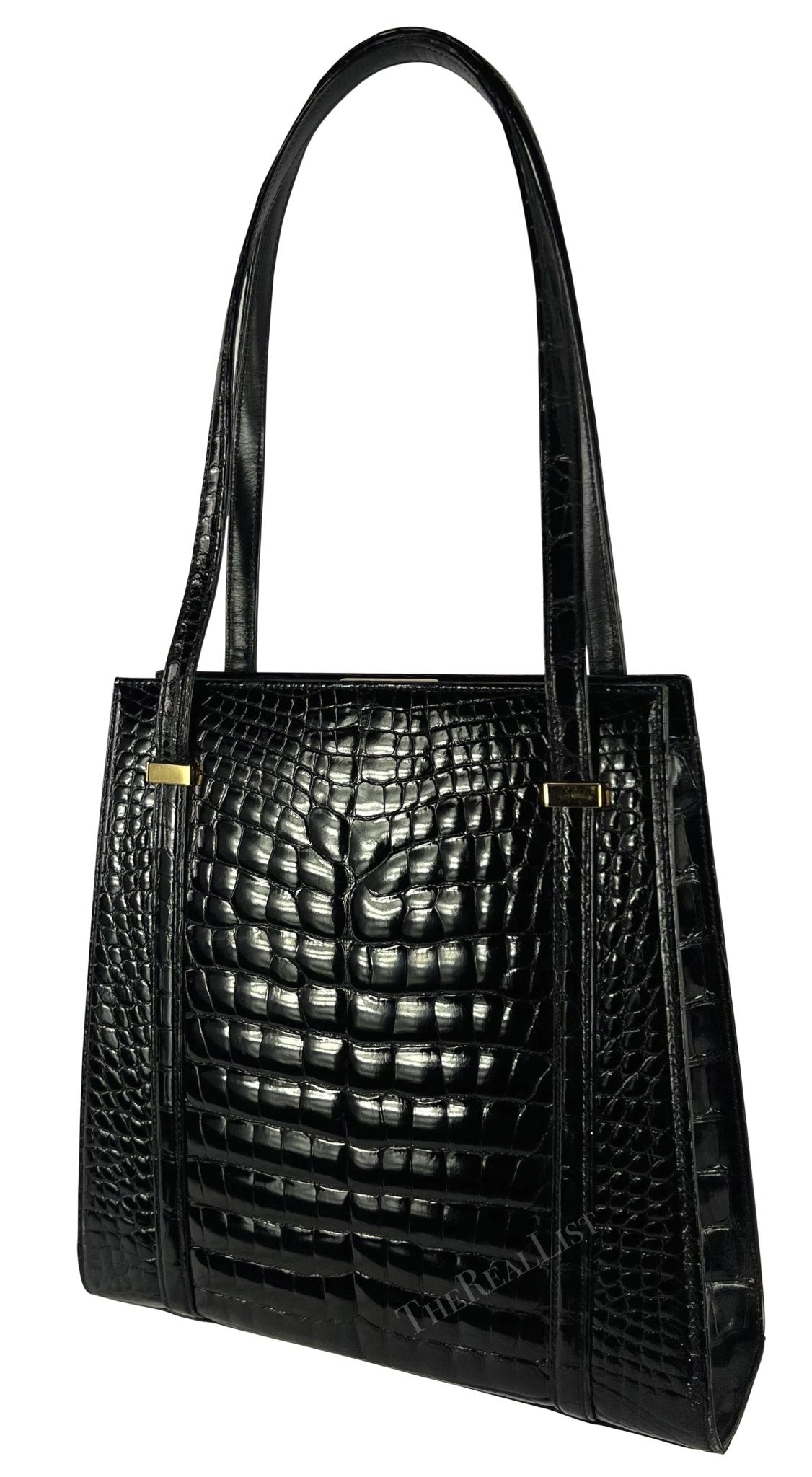 F/W 1996 Gucci by Tom Ford Large Black Glossy Crocodile Shoulder Bag - RealList