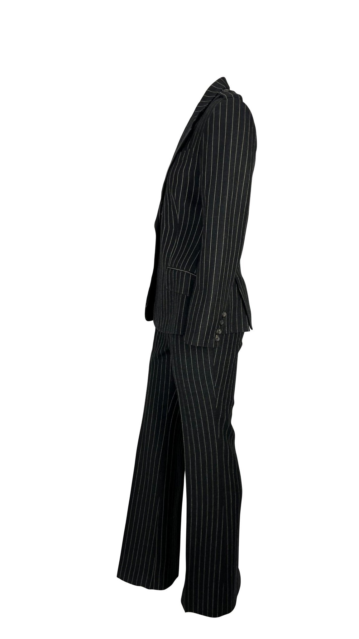 F/W 1996 Gucci by Tom Ford Runway Ad Black Wool Pinstripe Epaulet Pantsuit - RealList