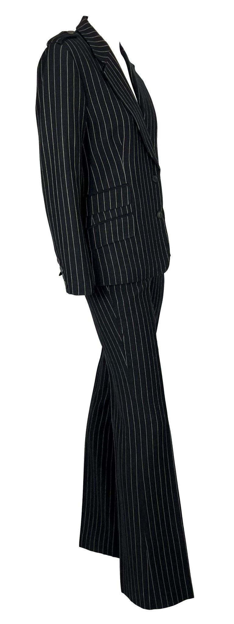 F/W 1996 Gucci by Tom Ford Runway Ad Black Wool Pinstripe Epaulet Pantsuit - RealList