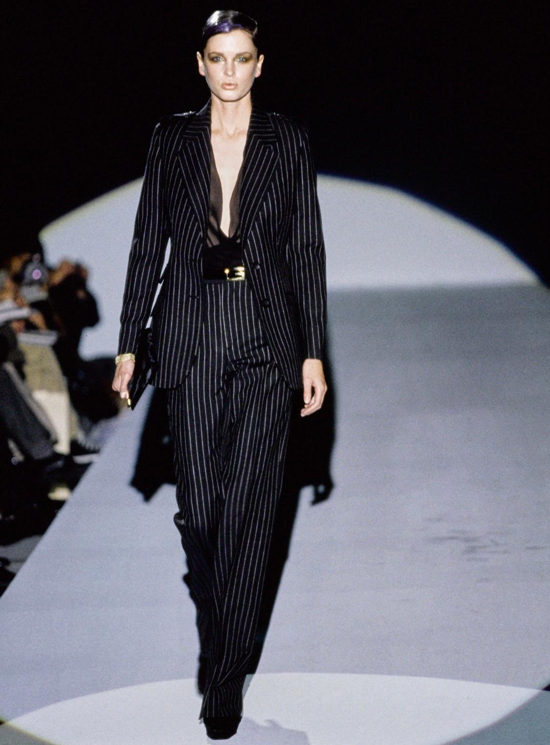 F/W 1996 Gucci by Tom Ford Runway Ad Black Wool Pinstripe Epaulet Pantsuit - RealList