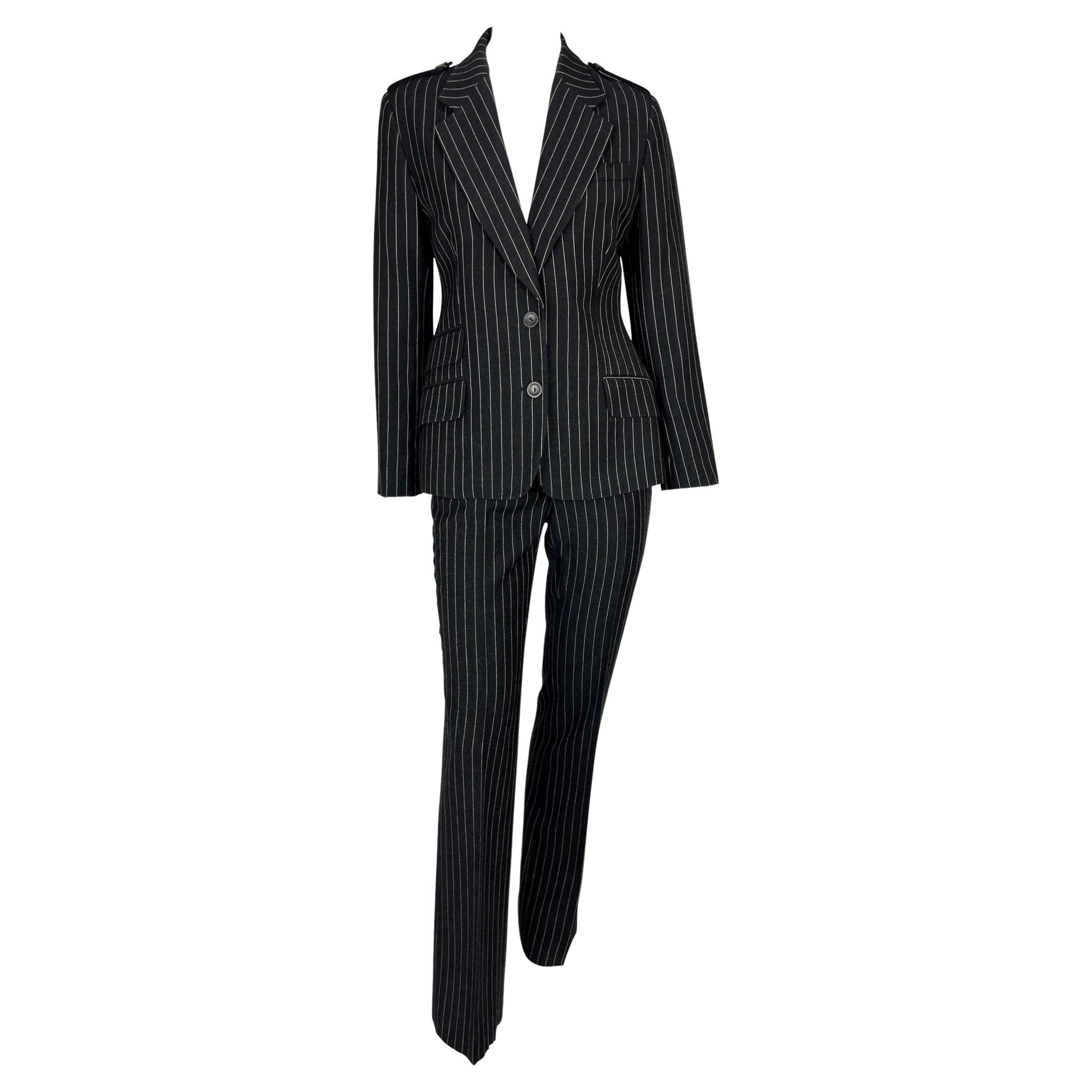 F/W 1996 Gucci by Tom Ford Runway Ad Black Wool Pinstripe Epaulet Pantsuit - RealList