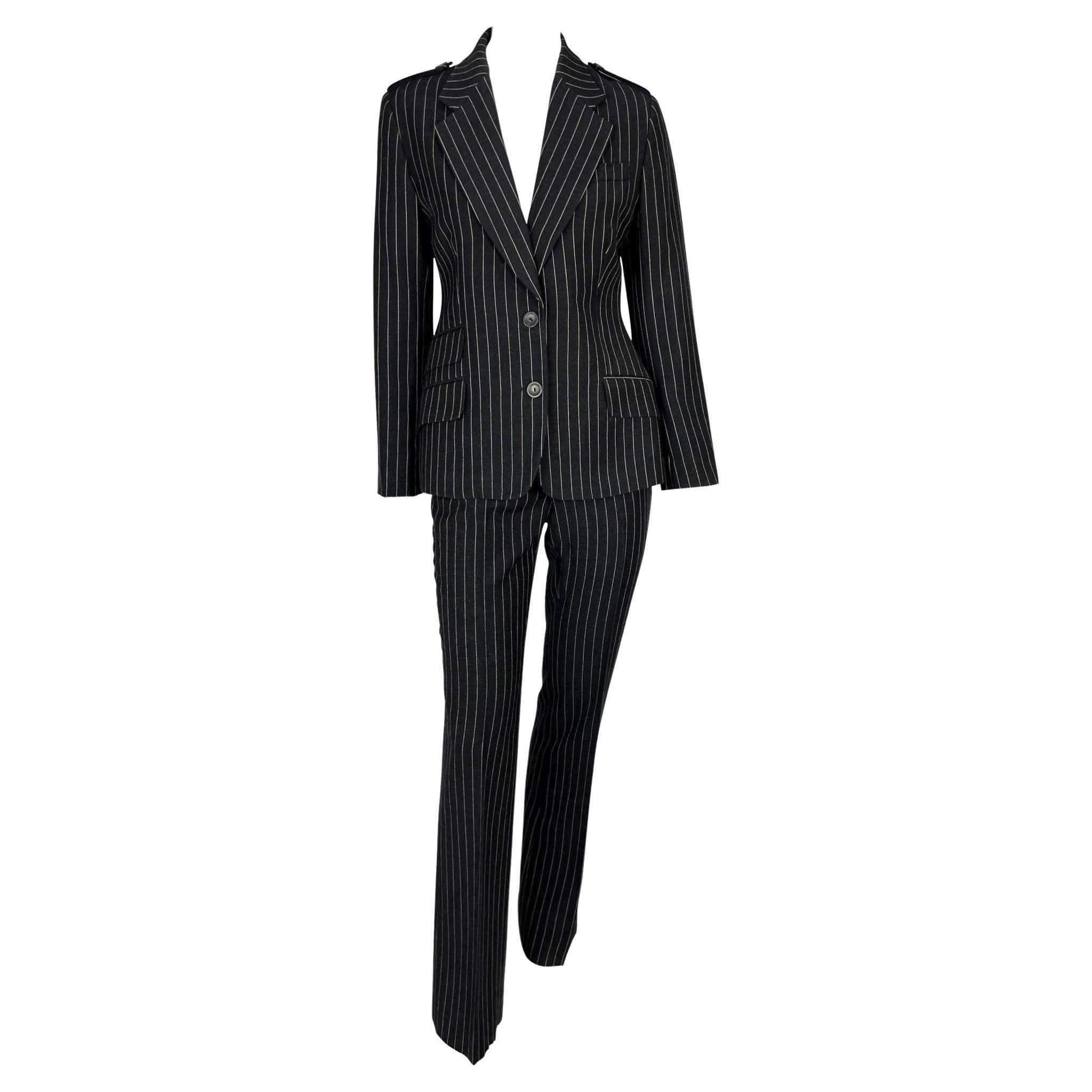 F/W 1996 Gucci by Tom Ford Runway Ad Black Wool Pinstripe Epaulet Pantsuit - RealList