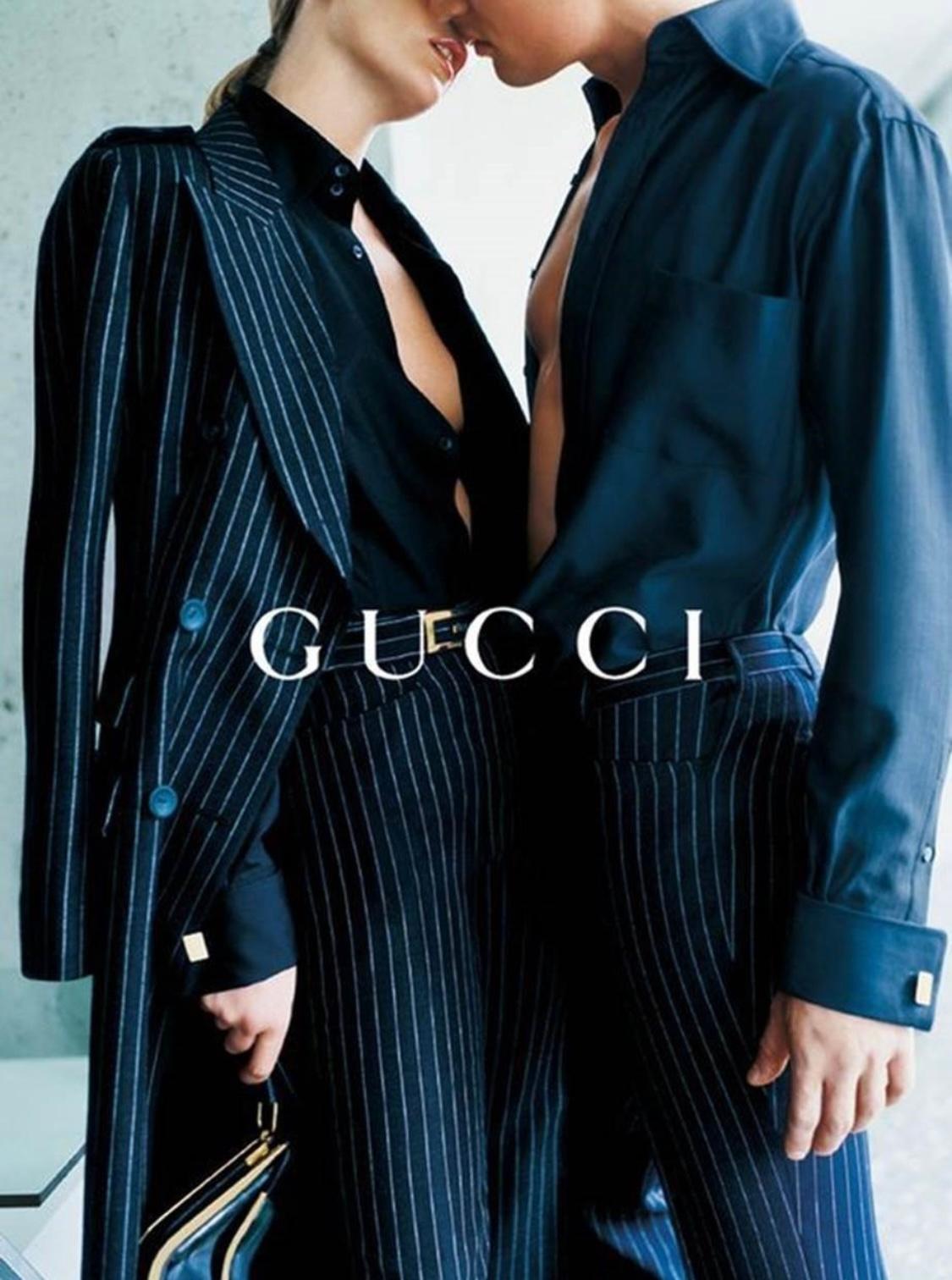 F/W 1996 Gucci by Tom Ford Runway Ad Black Wool Pinstripe Epaulet Pantsuit - RealList
