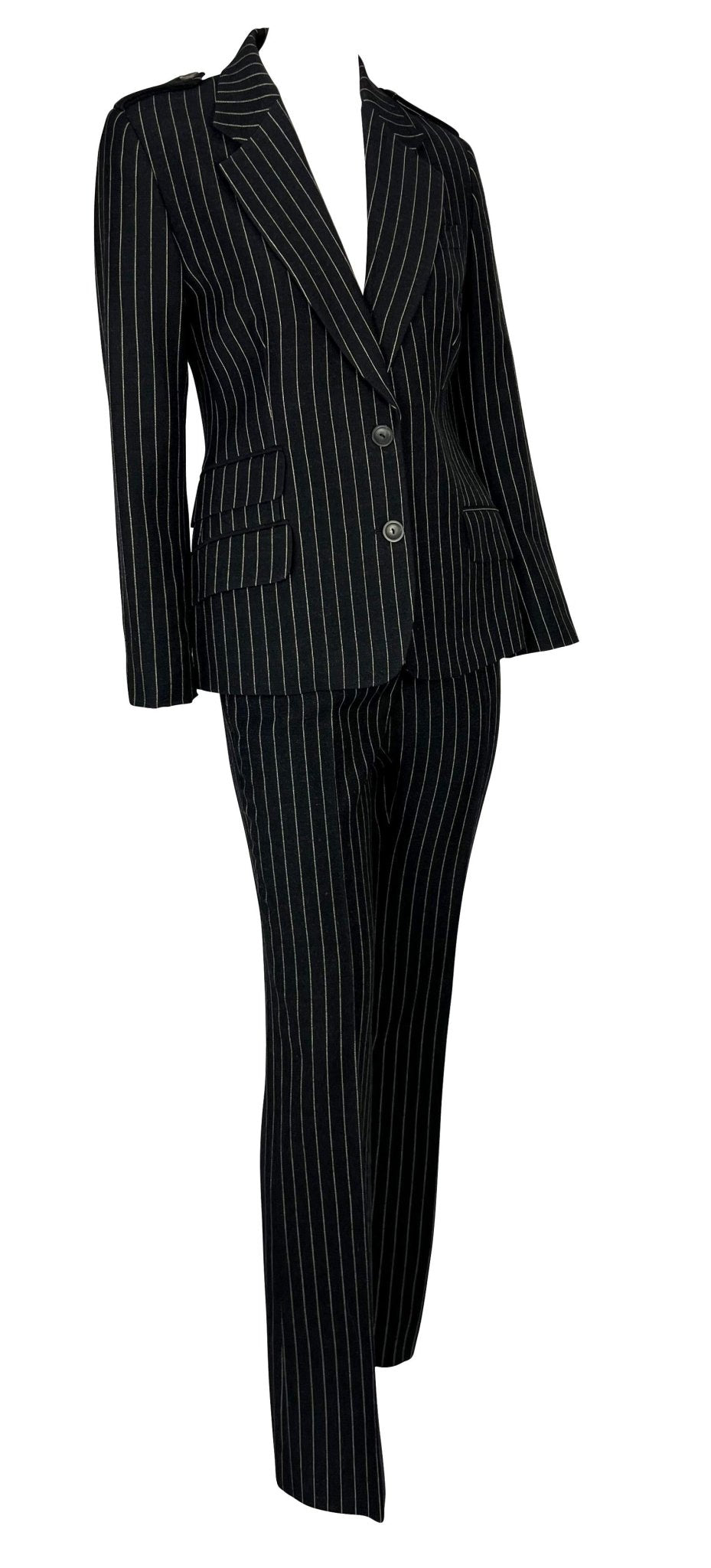 F/W 1996 Gucci by Tom Ford Runway Ad Black Wool Pinstripe Epaulet Pantsuit - RealList