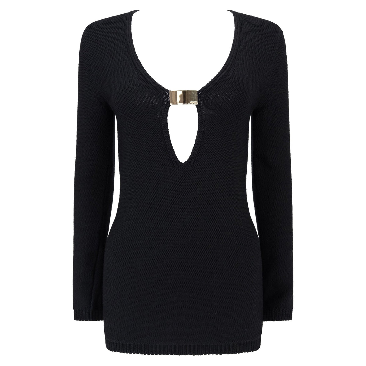 F/W 1996 Gucci by Tom Ford Runway Black Wool Plunging Gold Buckle Sweater - RealList