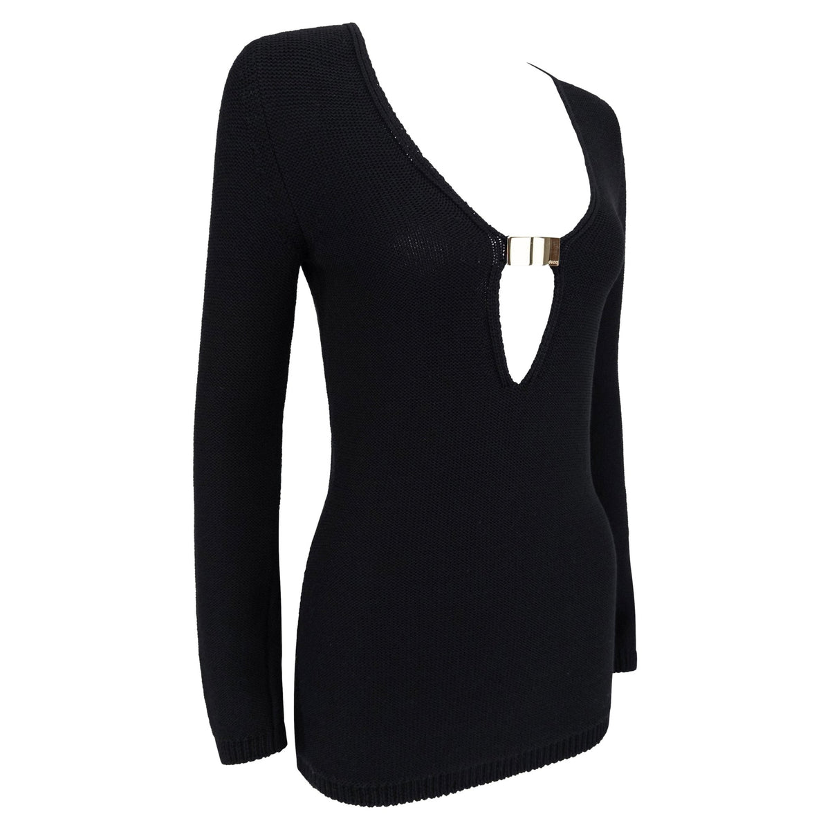 F/W 1996 Gucci by Tom Ford Runway Black Wool Plunging Gold Buckle Sweater - RealList