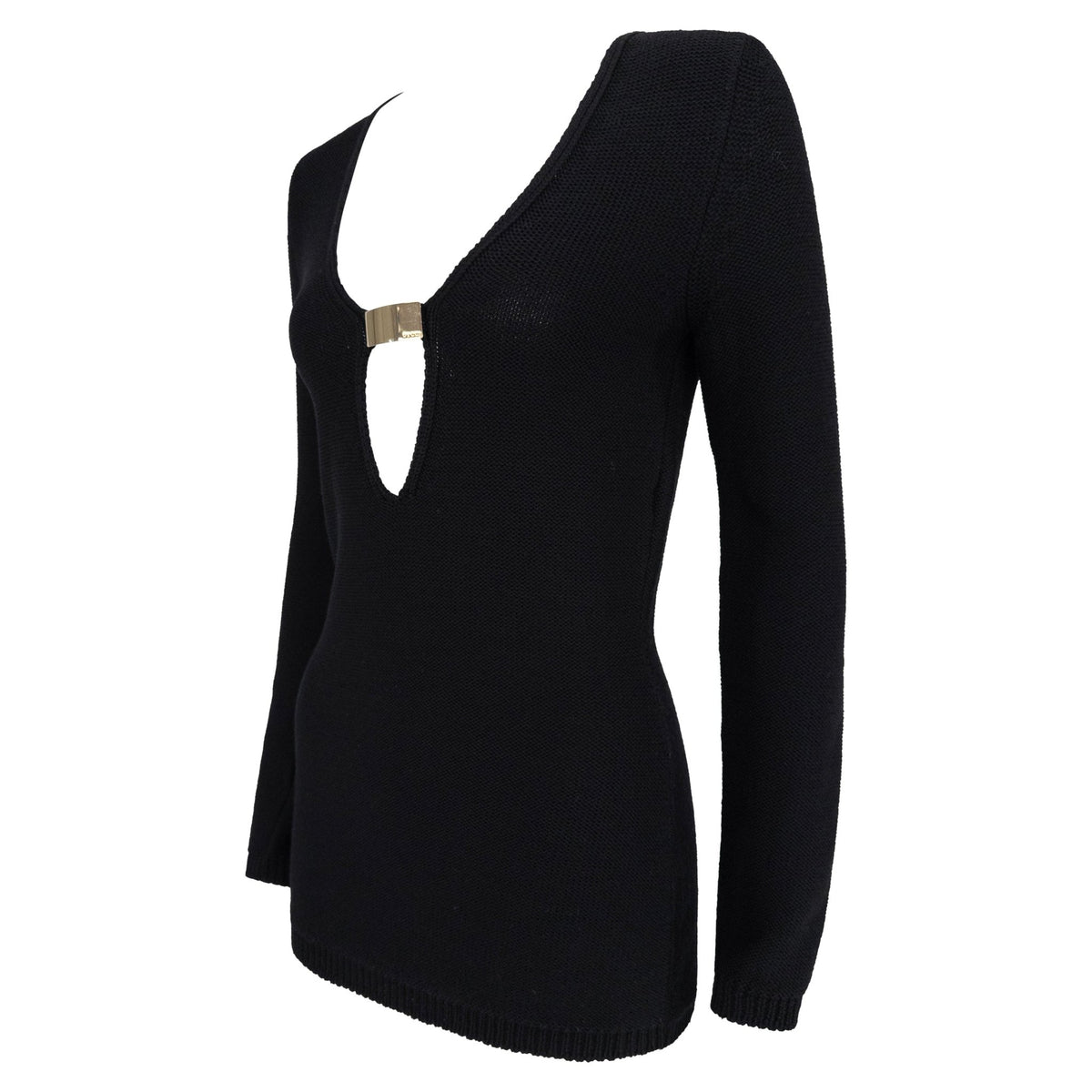 F/W 1996 Gucci by Tom Ford Runway Black Wool Plunging Gold Buckle Sweater - RealList