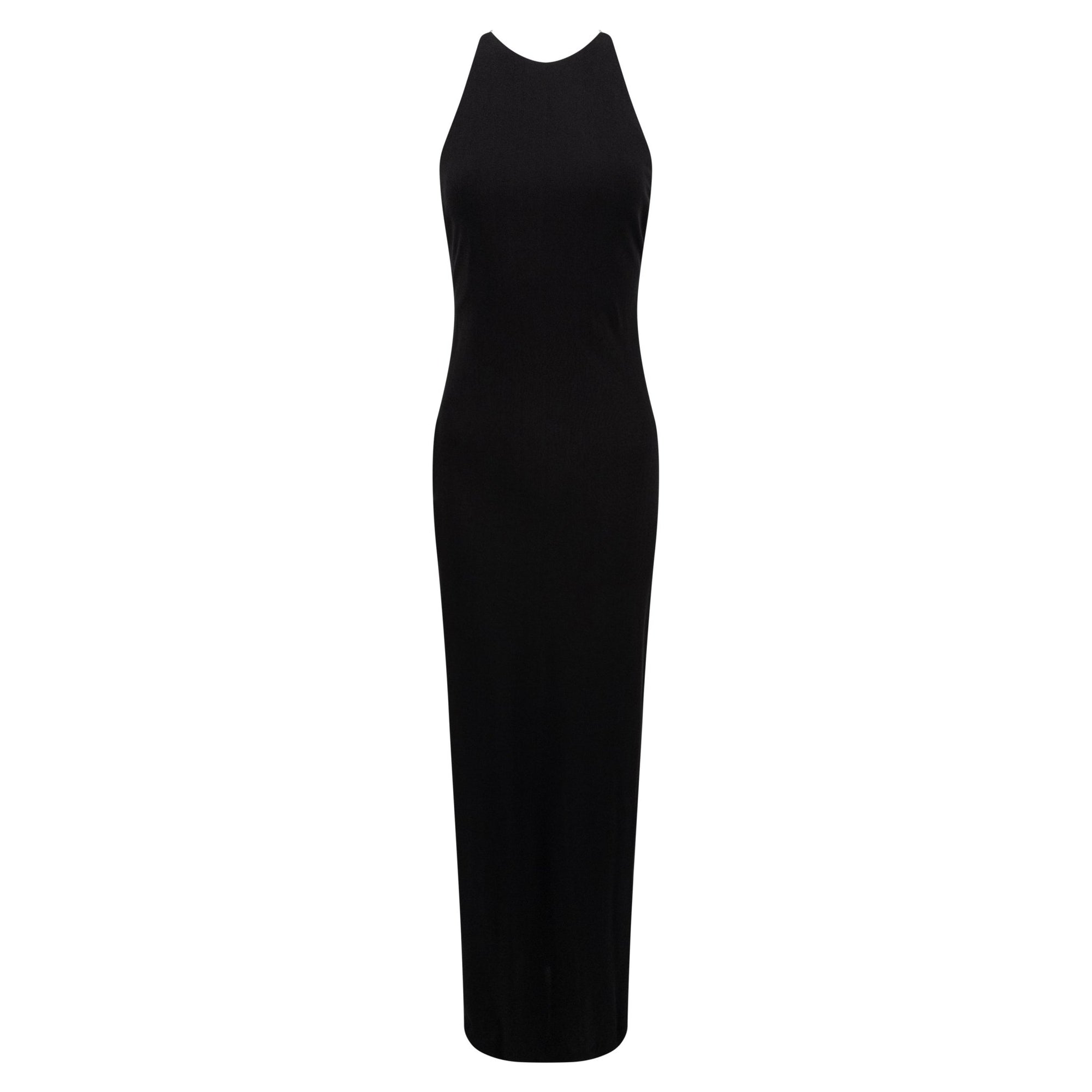 F/W 1996 Ralph Lauren Collection Prototype Black Stretch Gold Leather Strap Backless Gown - RealList