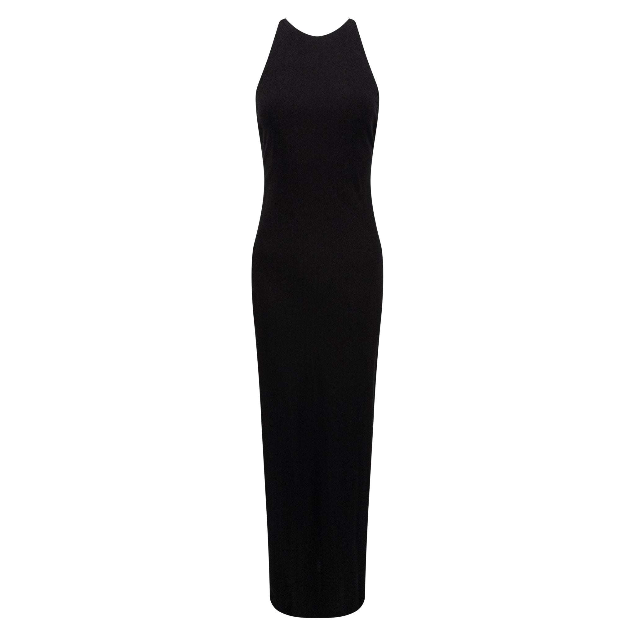 F/W 1996 Ralph Lauren Collection Prototype Black Stretch Gold Leather Strap Backless Gown - RealList