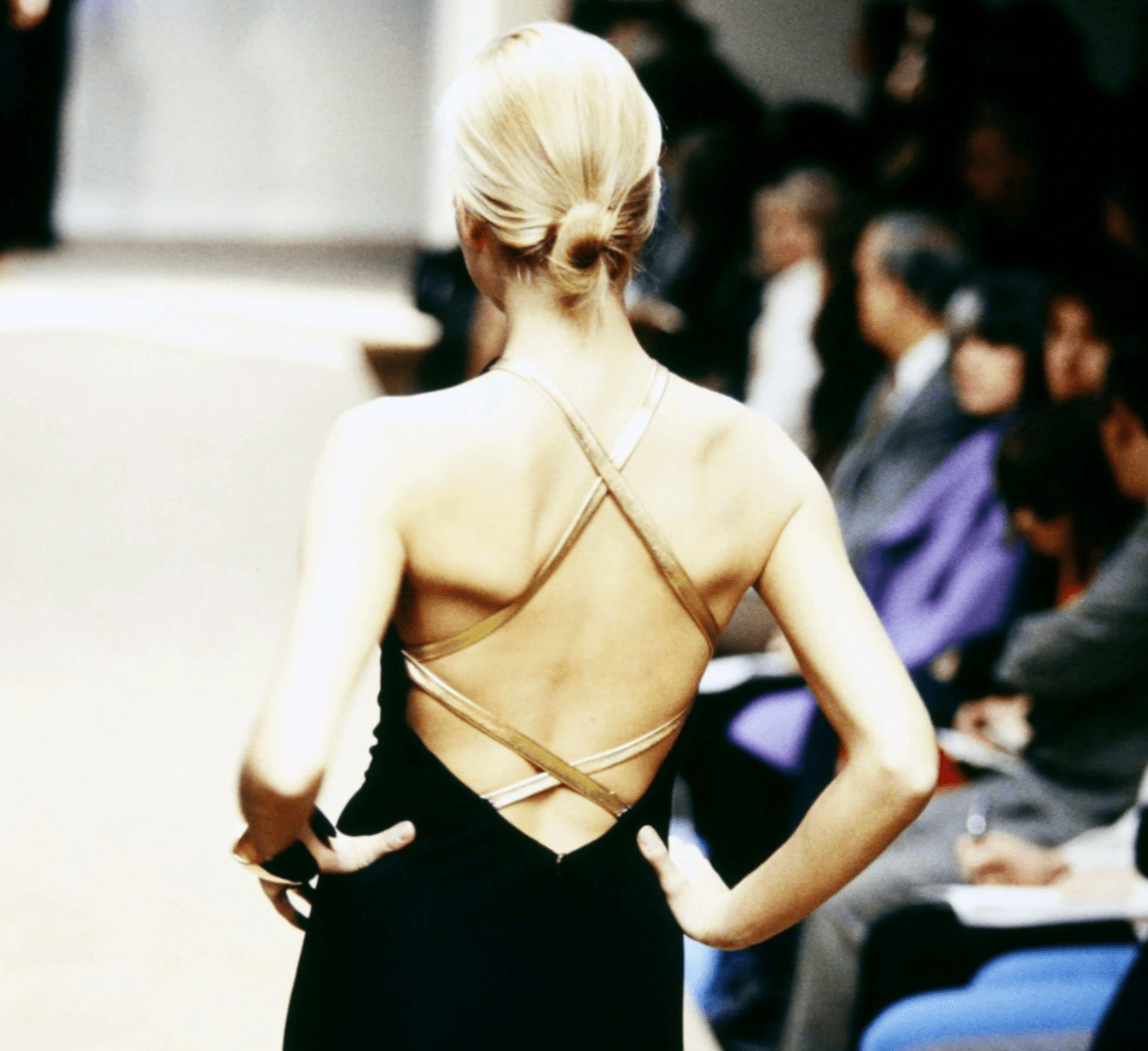 F/W 1996 Ralph Lauren Collection Prototype Black Stretch Gold Leather Strap Backless Gown - RealList