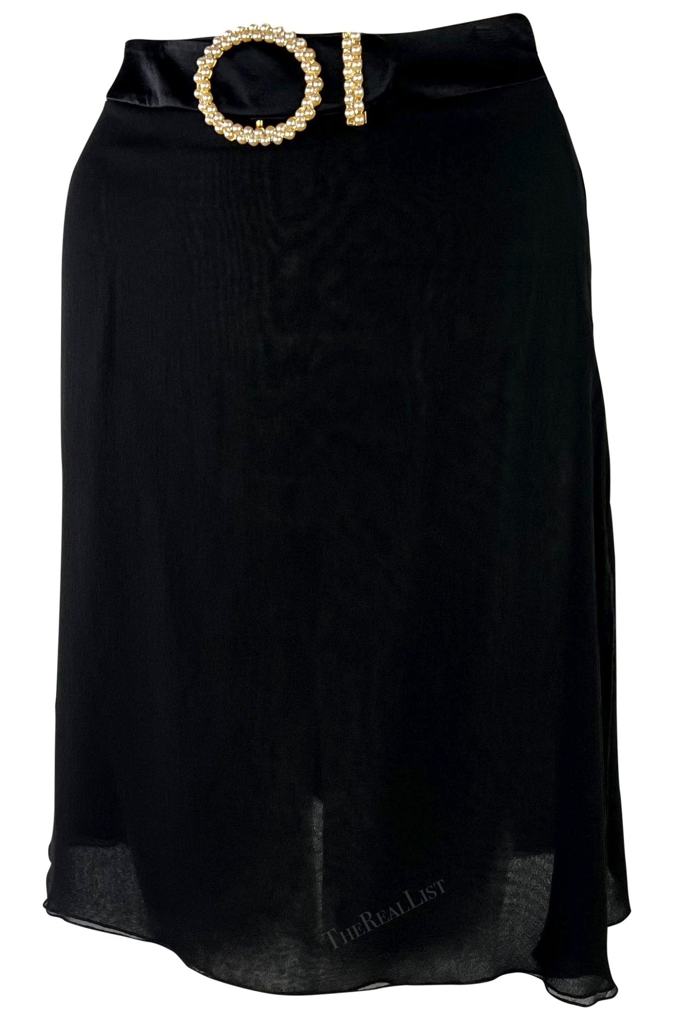 F/W 1996 Valentino Garavani Runway Sheer Black Pearl Rhinestone Buckle Skirt - RealList