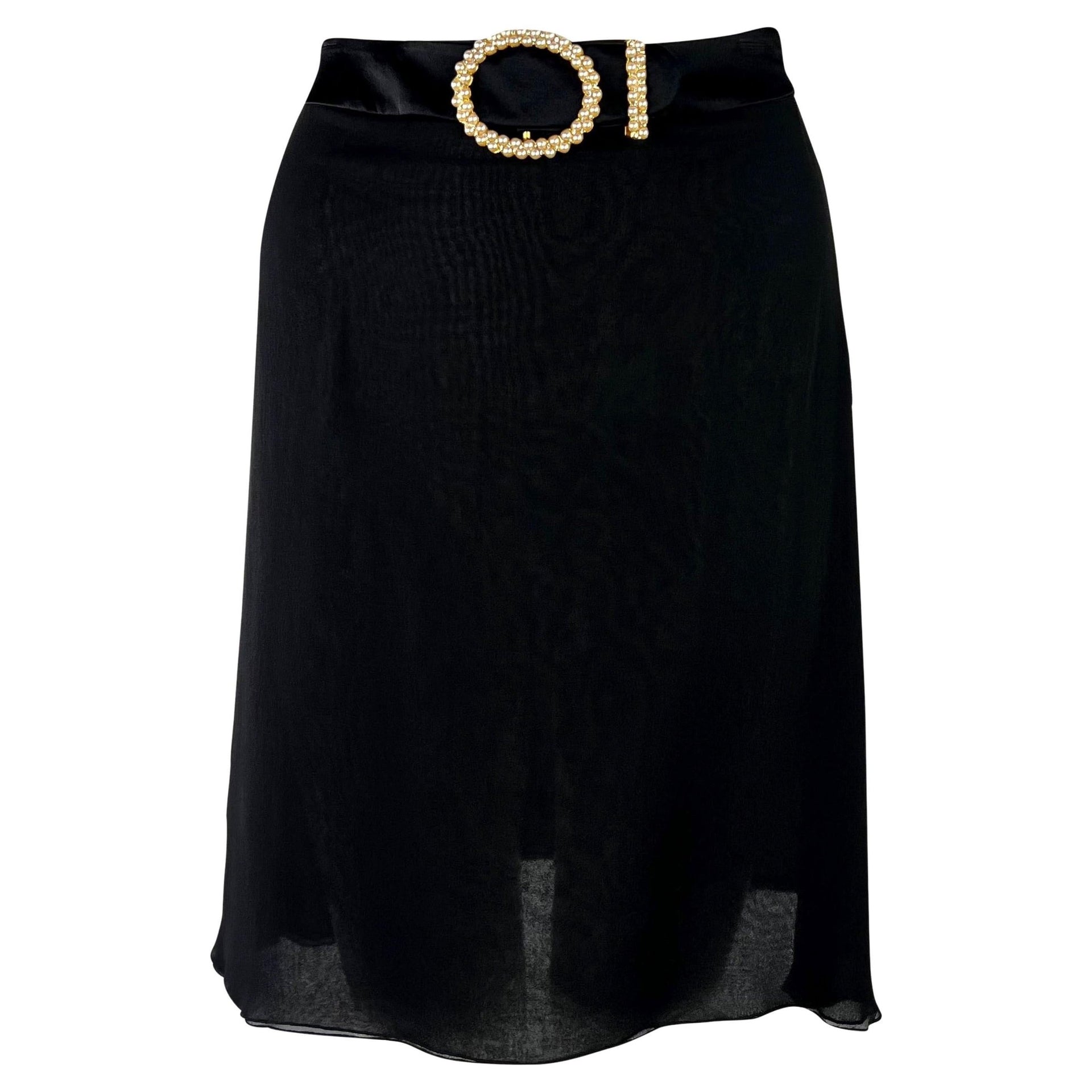F/W 1996 Valentino Garavani Runway Sheer Black Pearl Rhinestone Buckle Skirt - RealList