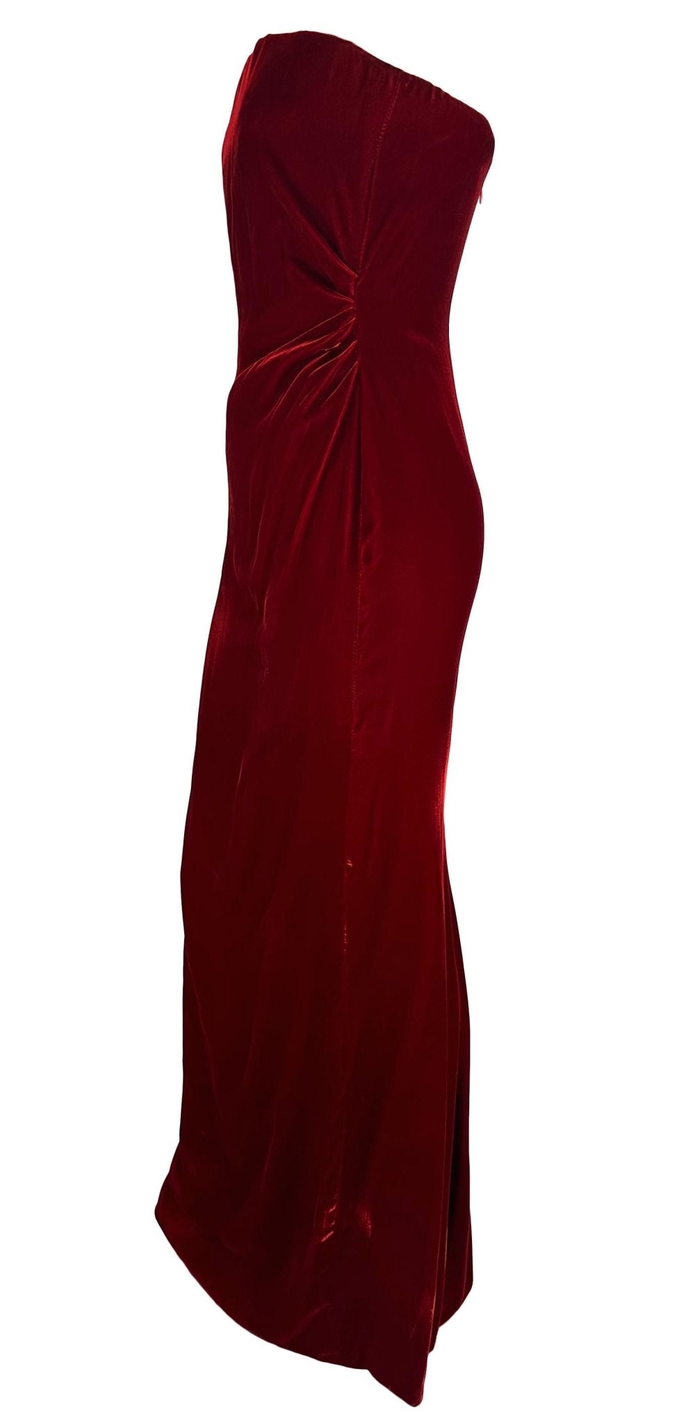 F/W 1997 Bill Blass Runway Deep Red Velvet Strapless Evening Gown - RealList