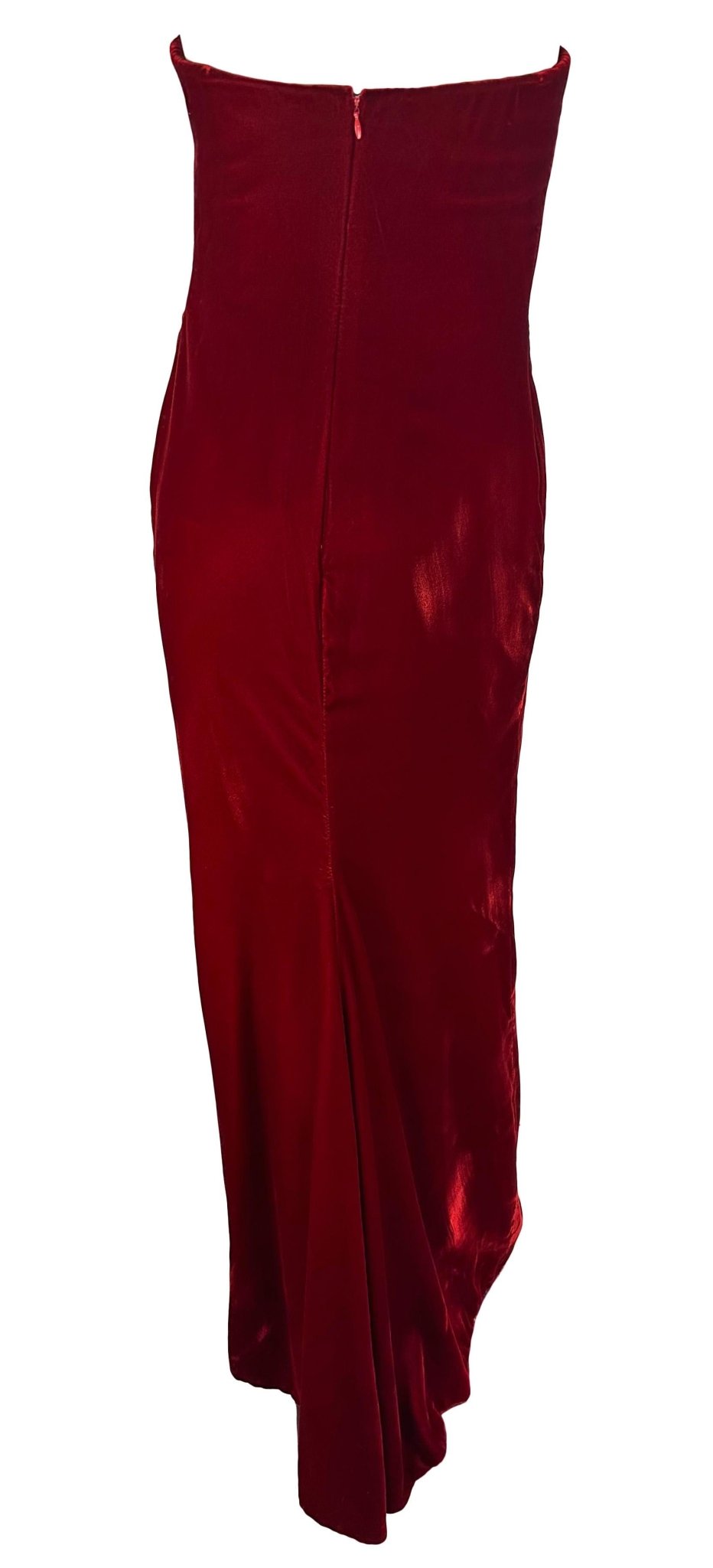 F/W 1997 Bill Blass Runway Deep Red Velvet Strapless Evening Gown - RealList