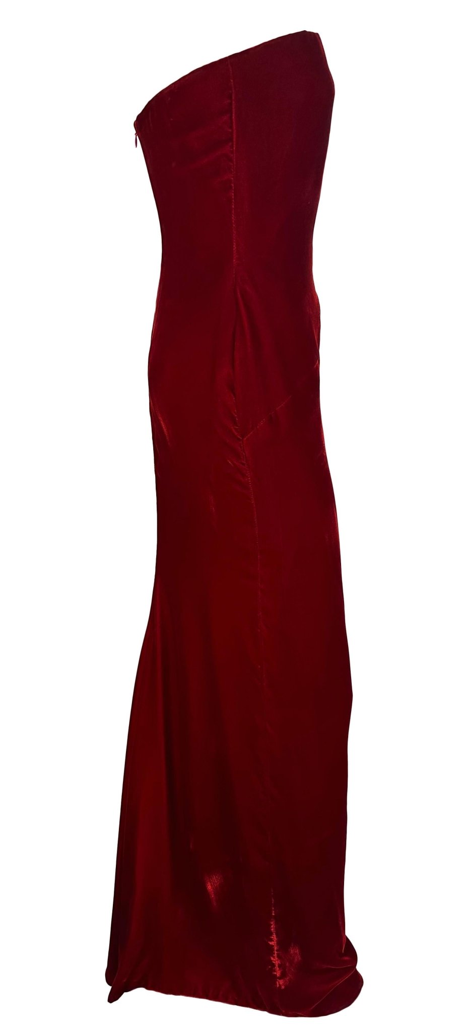F/W 1997 Bill Blass Runway Deep Red Velvet Strapless Evening Gown - RealList