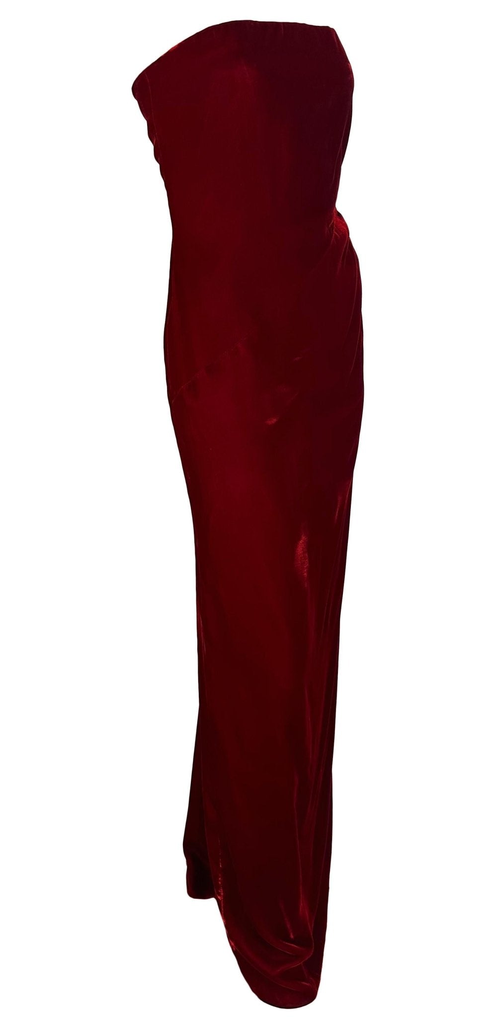 F/W 1997 Bill Blass Runway Deep Red Velvet Strapless Evening Gown - RealList
