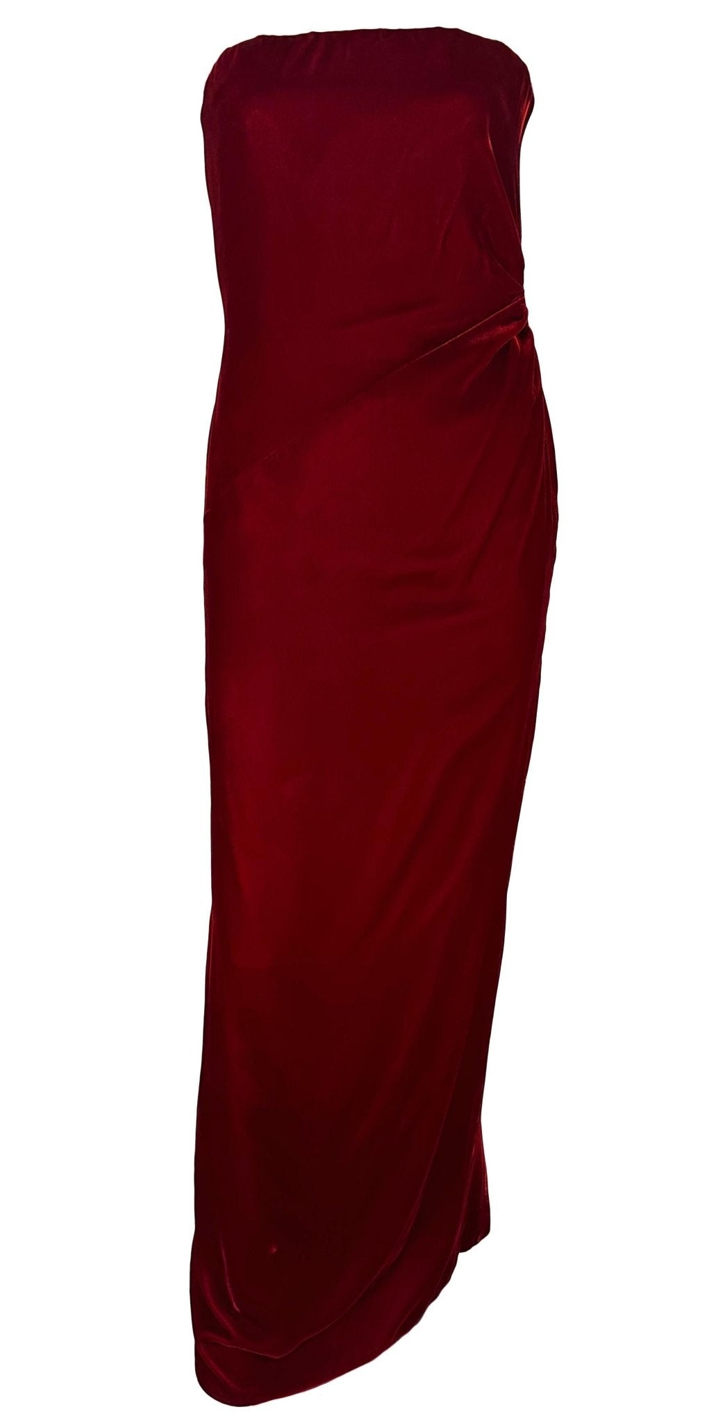 F/W 1997 Bill Blass Runway Deep Red Velvet Strapless Evening Gown - RealList