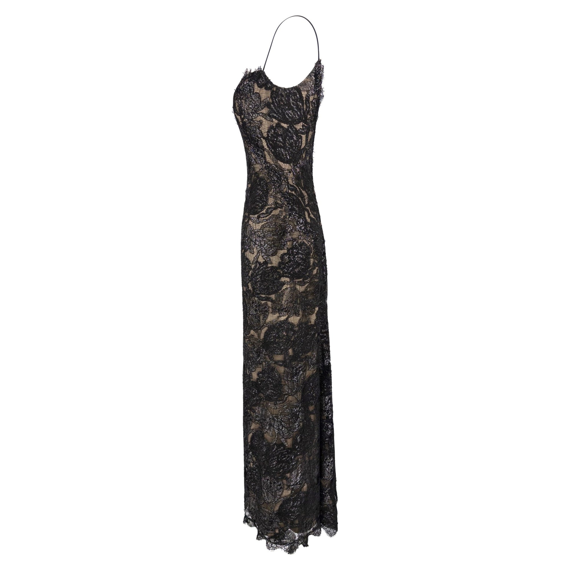 F/W 1997 Bob Mackie Runway Shimmery Black Lace Slip Gown - RealList