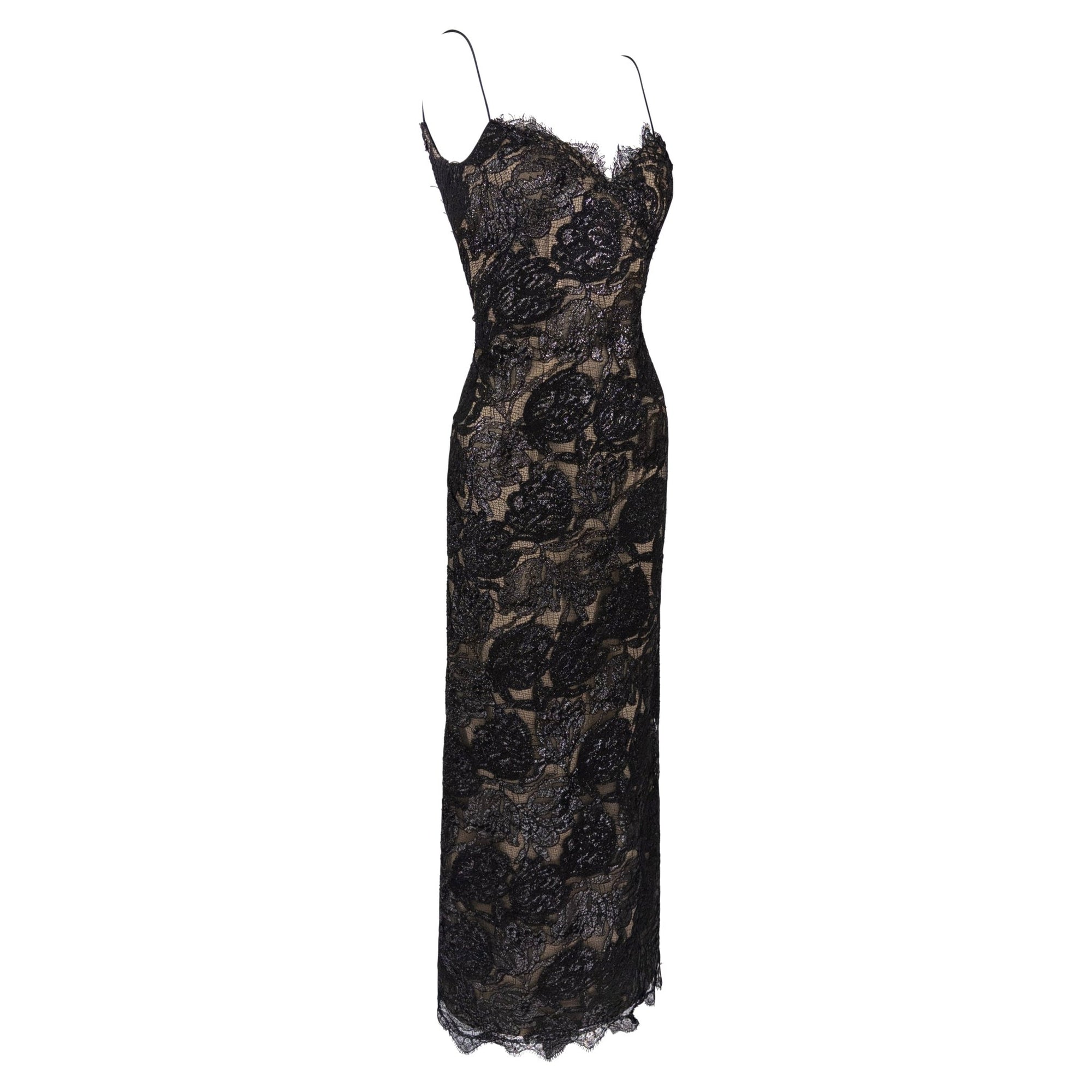 F/W 1997 Bob Mackie Runway Shimmery Black Lace Slip Gown - RealList