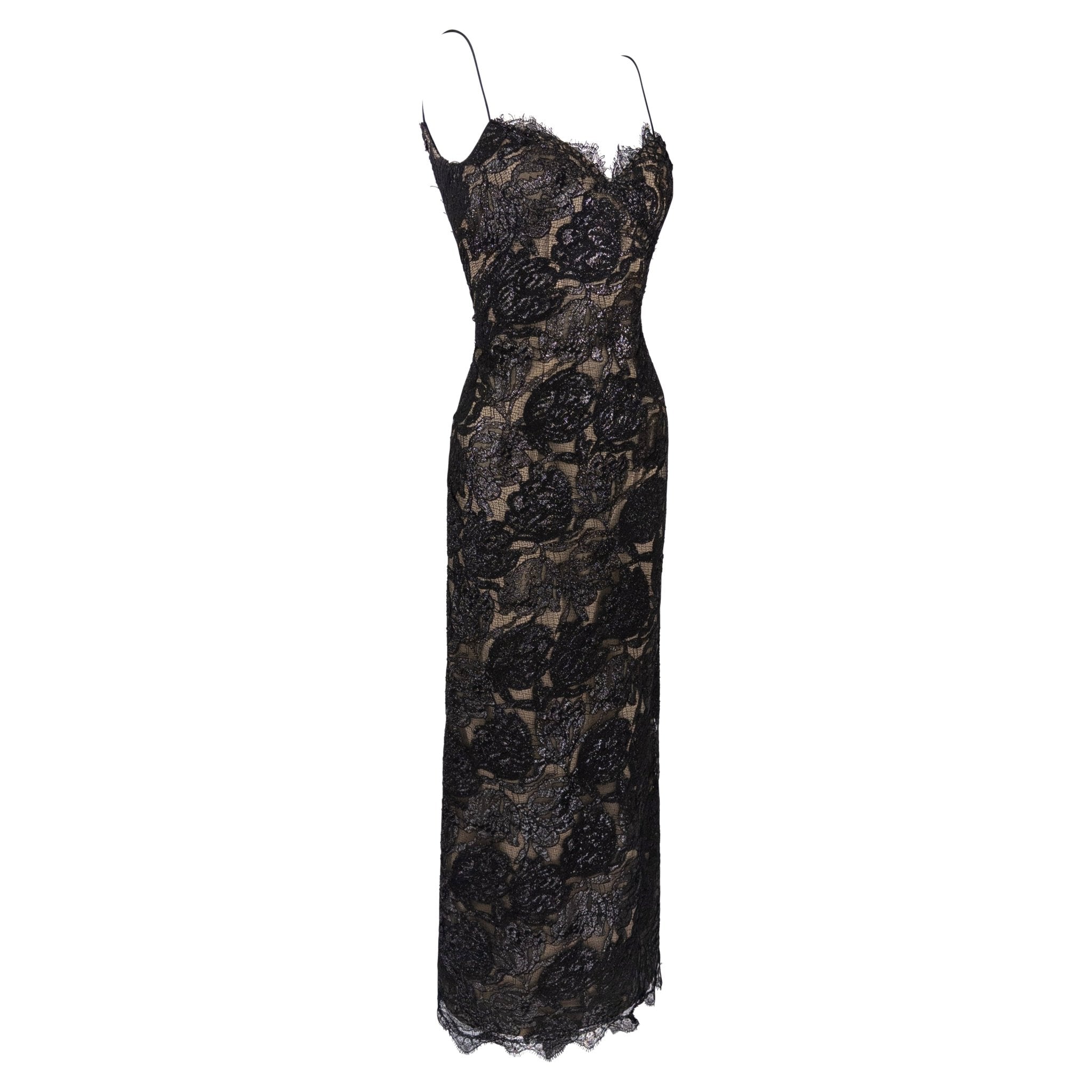 F/W 1997 Bob Mackie Runway Shimmery Black Lace Slip Gown - RealList