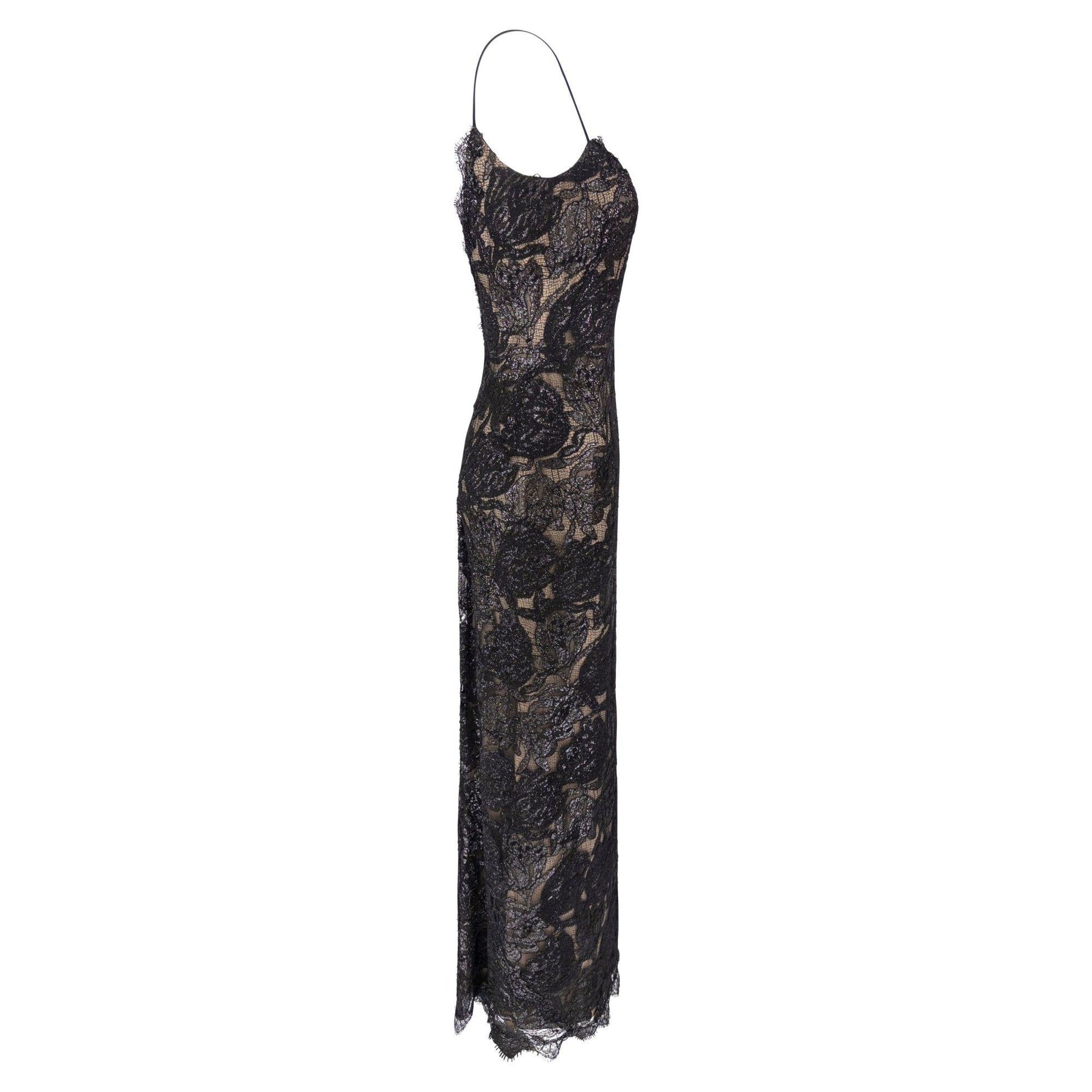 F/W 1997 Bob Mackie Runway Shimmery Black Lace Slip Gown - RealList