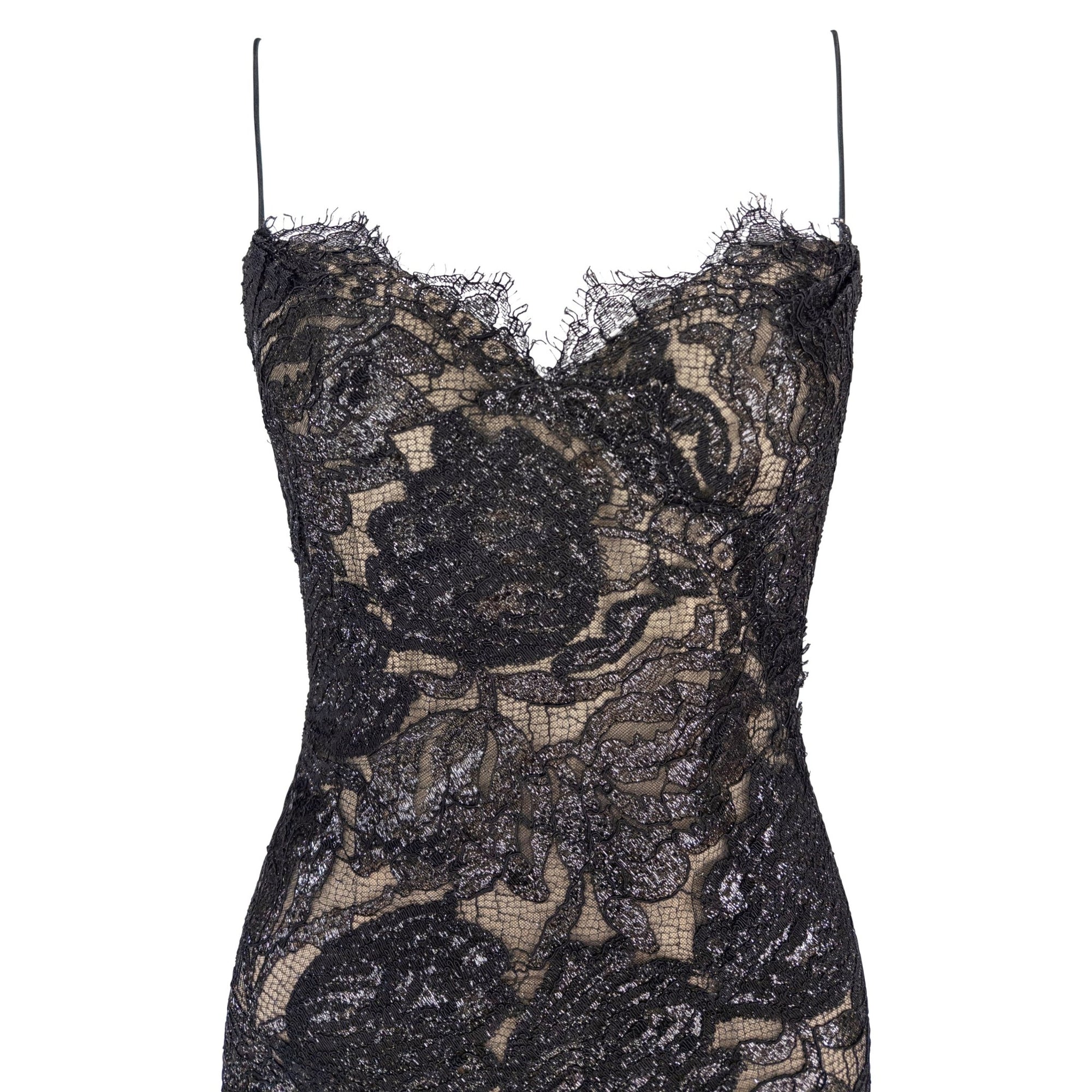 F/W 1997 Bob Mackie Runway Shimmery Black Lace Slip Gown - RealList