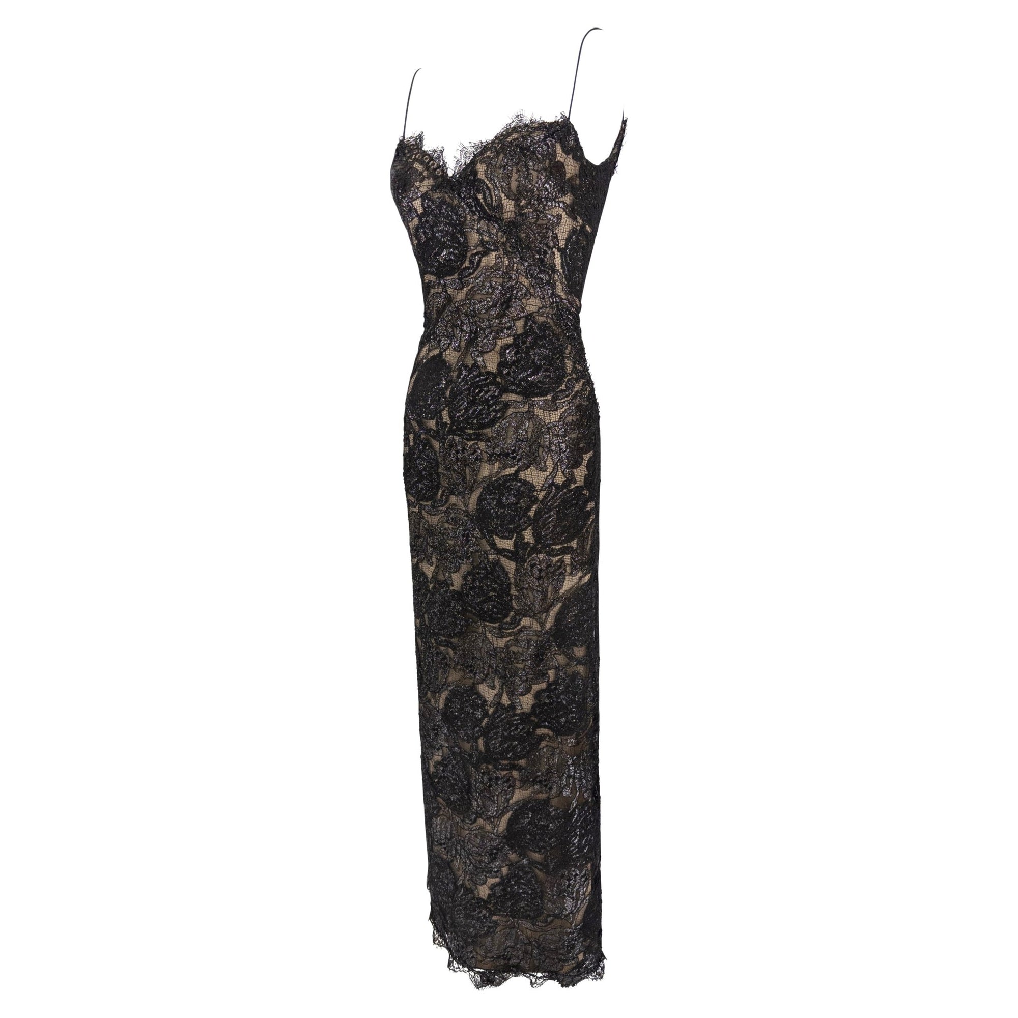 F/W 1997 Bob Mackie Runway Shimmery Black Lace Slip Gown - RealList