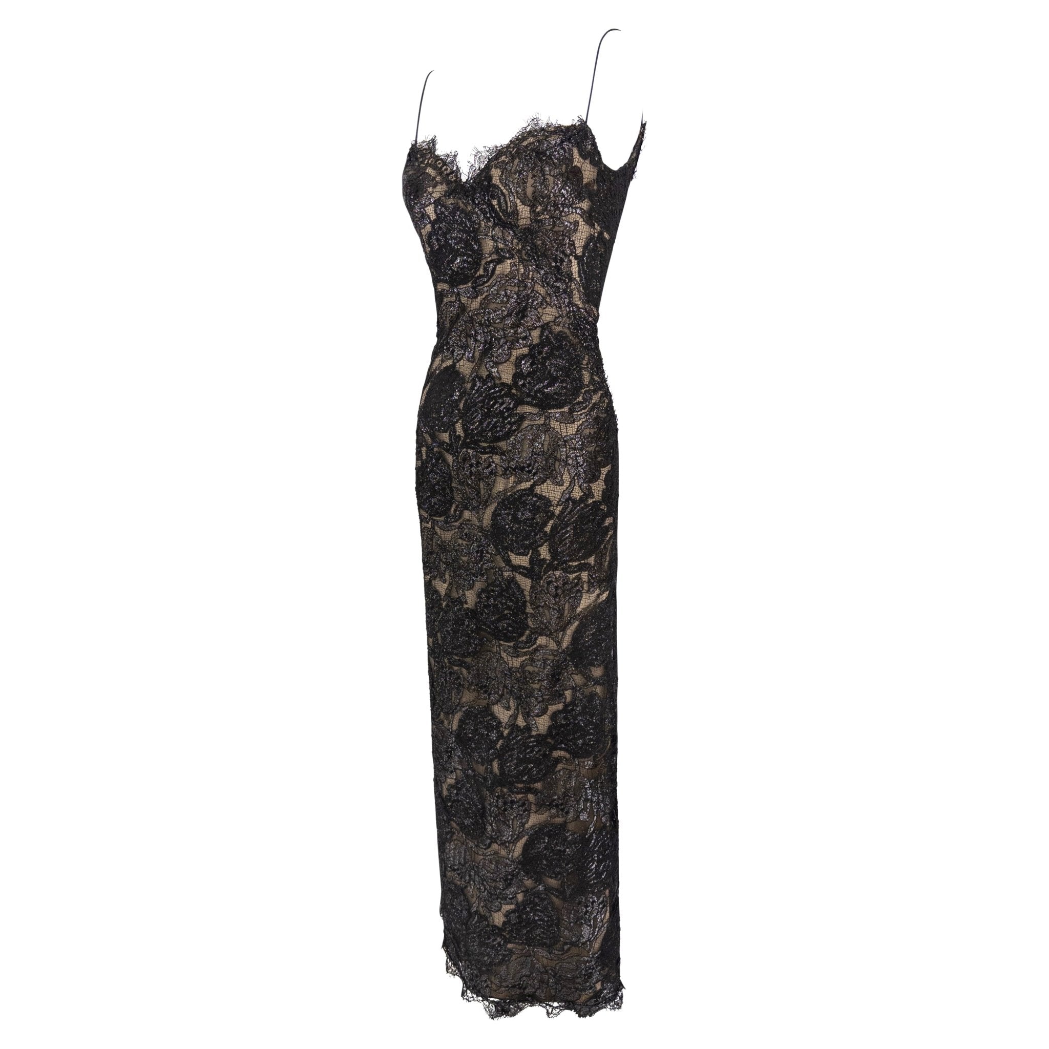 F/W 1997 Bob Mackie Runway Shimmery Black Lace Slip Gown - RealList