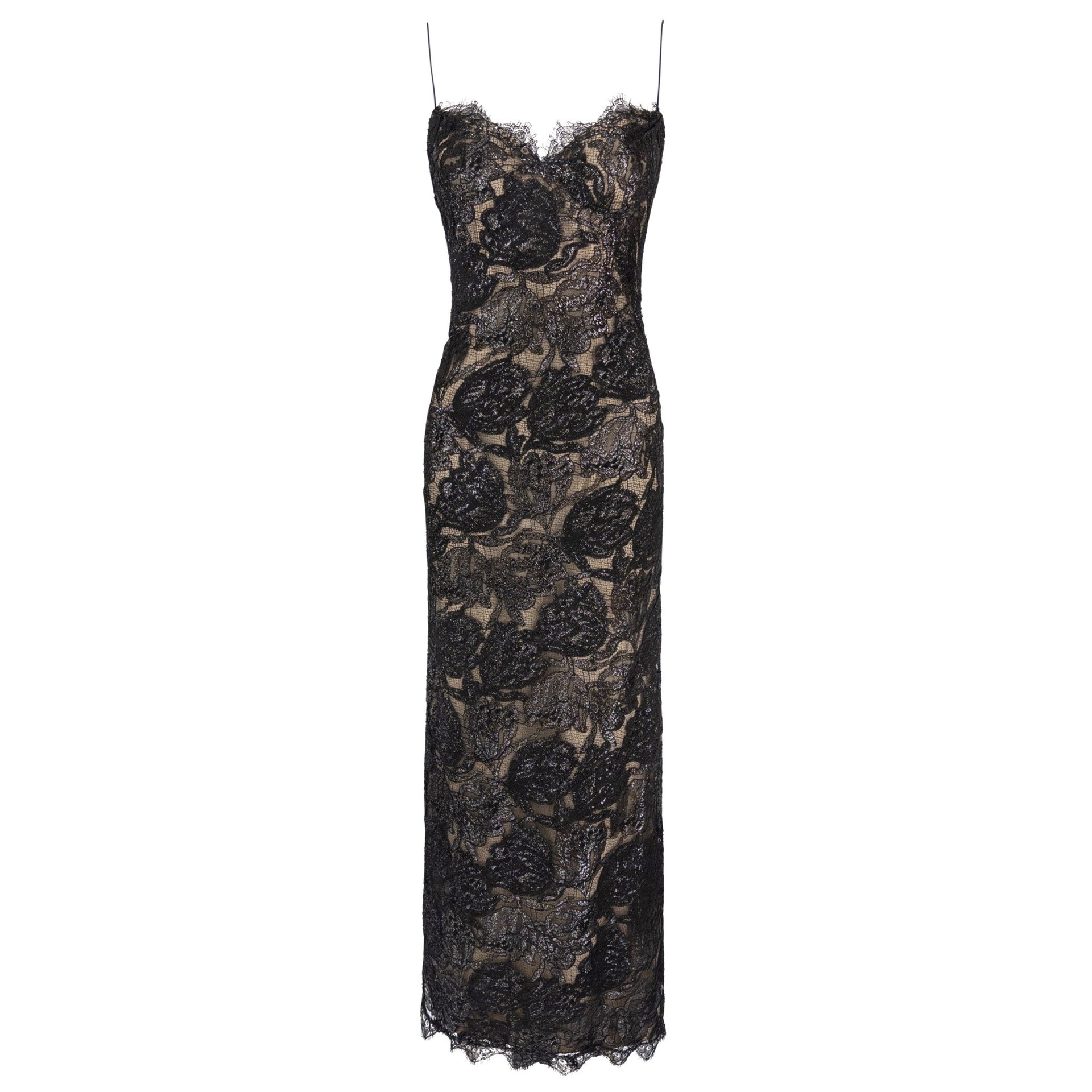F/W 1997 Bob Mackie Runway Shimmery Black Lace Slip Gown - RealList