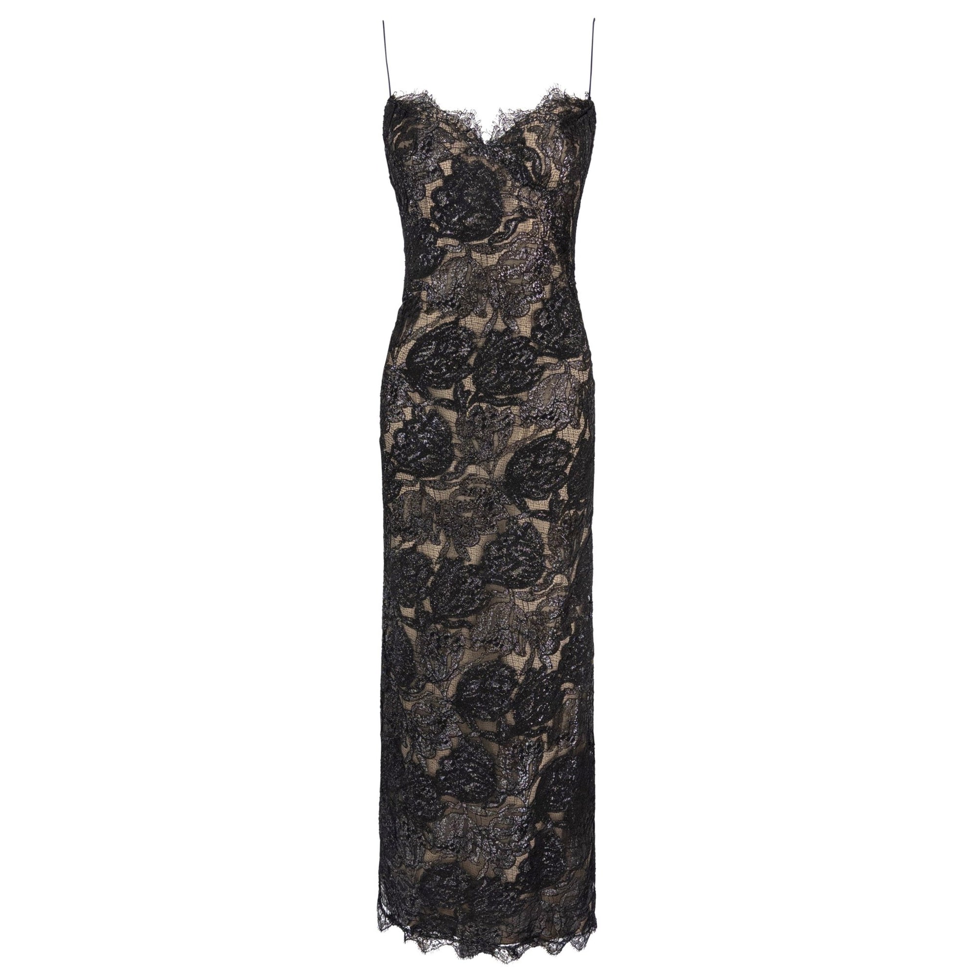 F/W 1997 Bob Mackie Runway Shimmery Black Lace Slip Gown - RealList