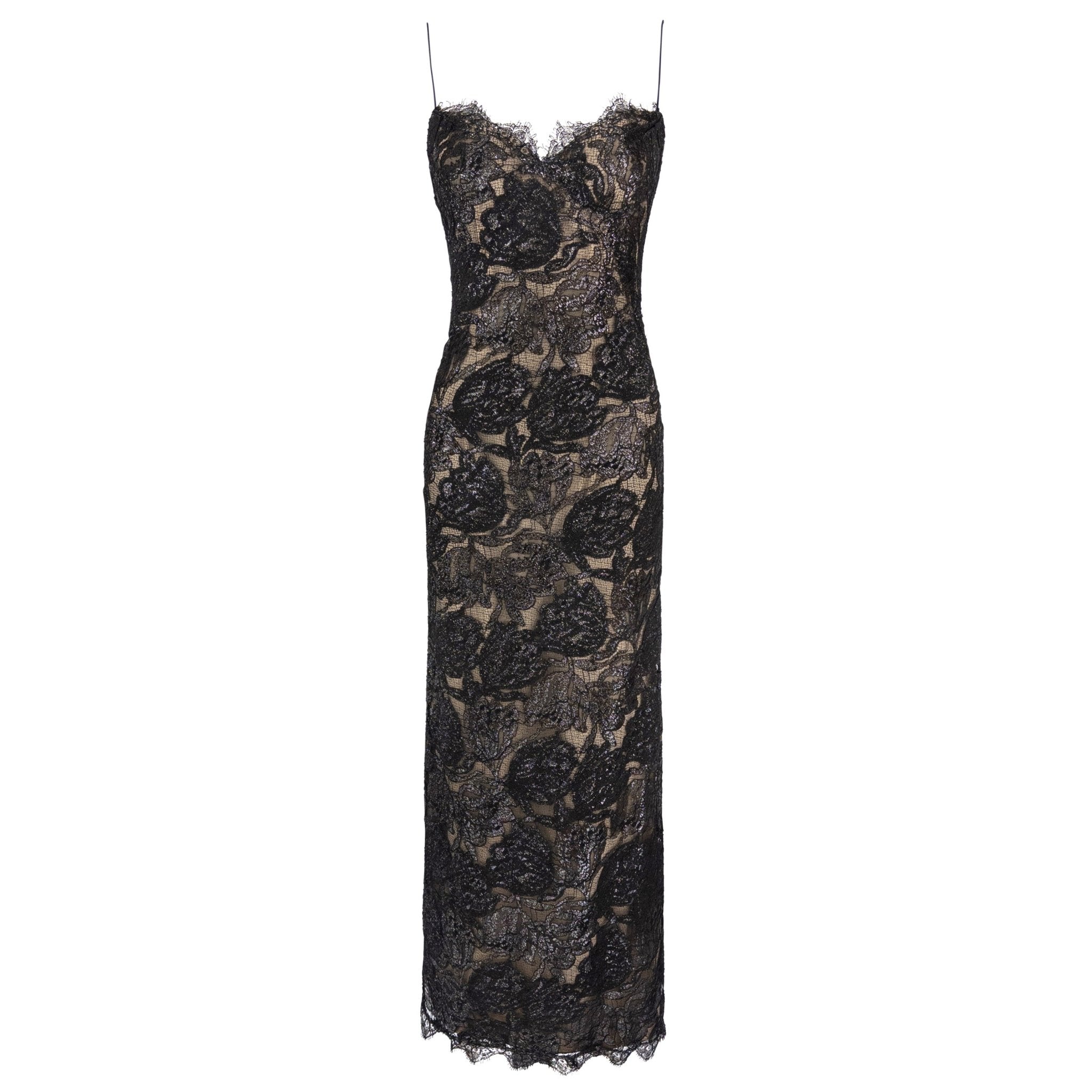 F/W 1997 Bob Mackie Runway Shimmery Black Lace Slip Gown - RealList