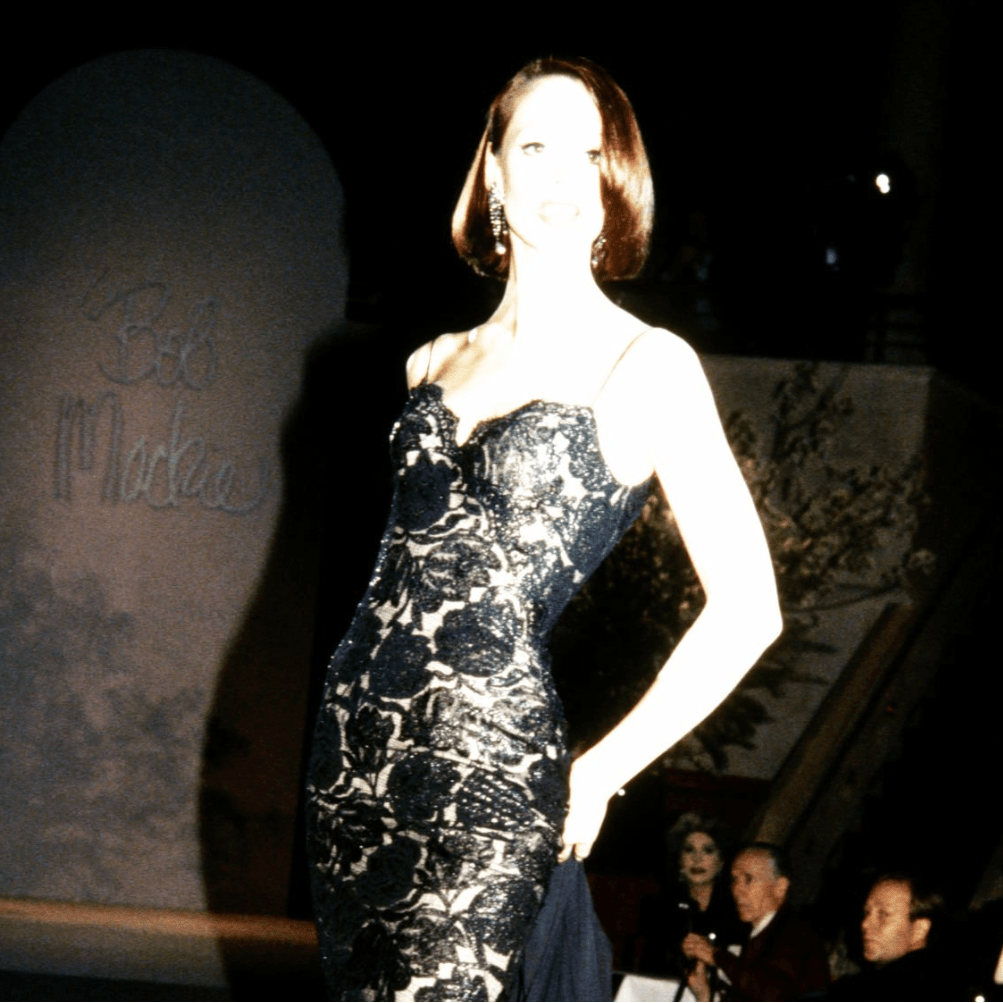 F/W 1997 Bob Mackie Runway Shimmery Black Lace Slip Gown - RealList