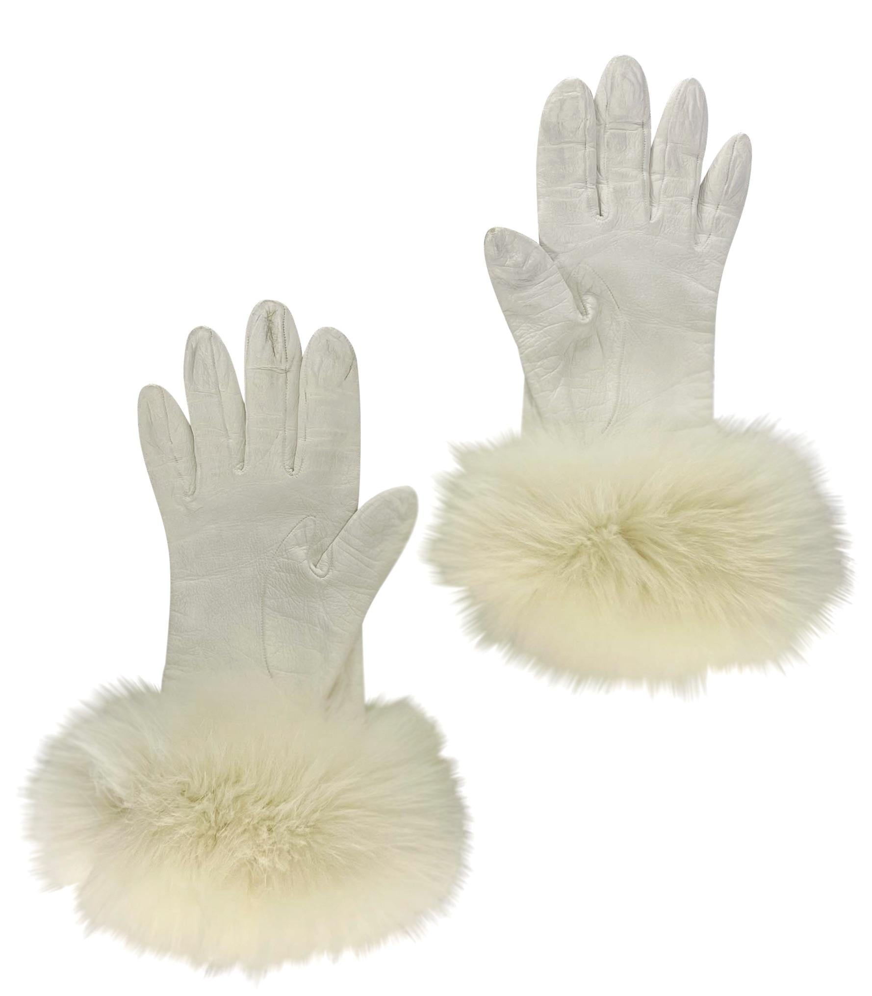 F/W 1997 Christian Dior by John Galliano White Fox Fur Trim Leather Gloves - RealList