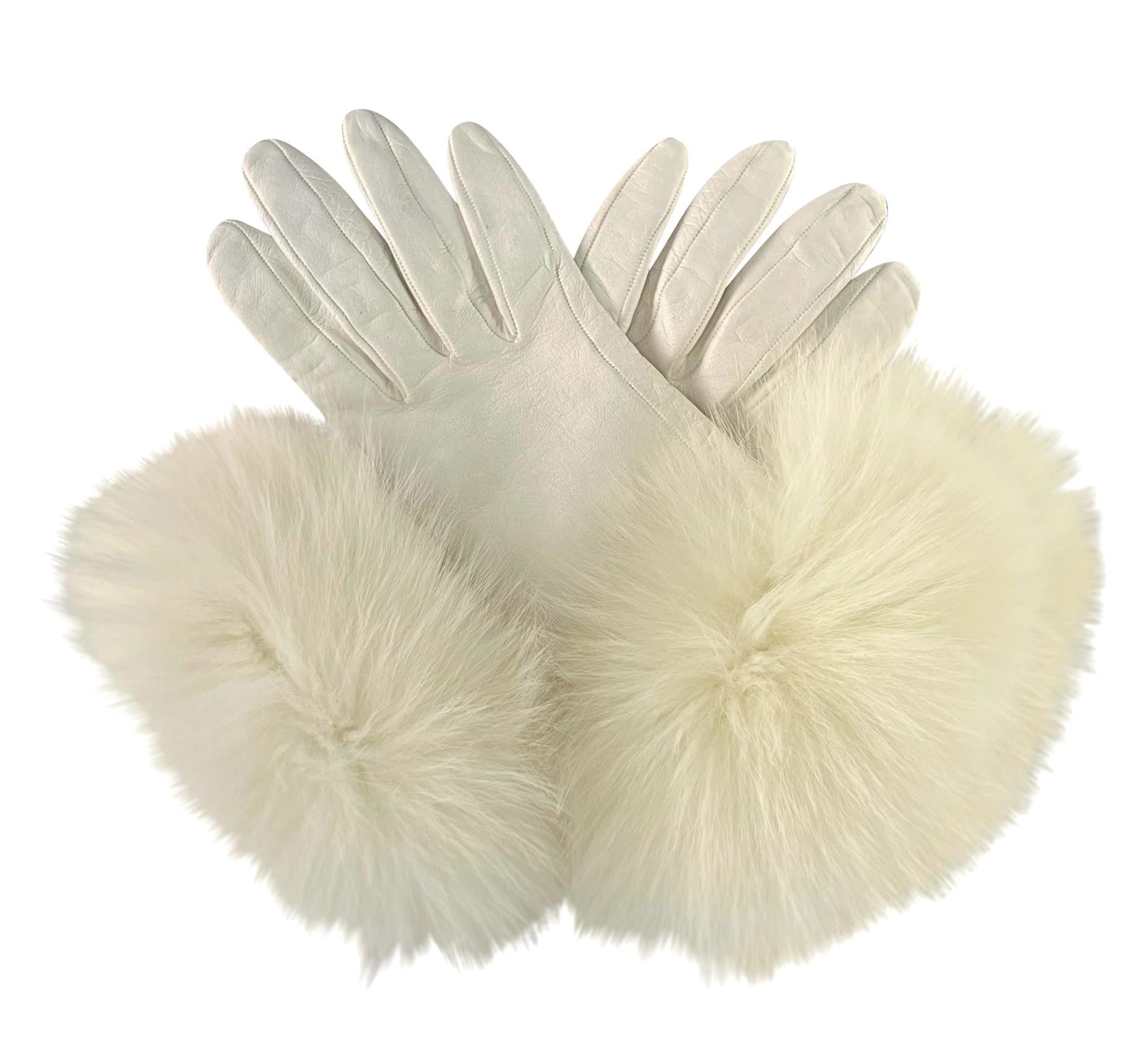 F/W 1997 Christian Dior by John Galliano White Fox Fur Trim Leather Gloves - RealList
