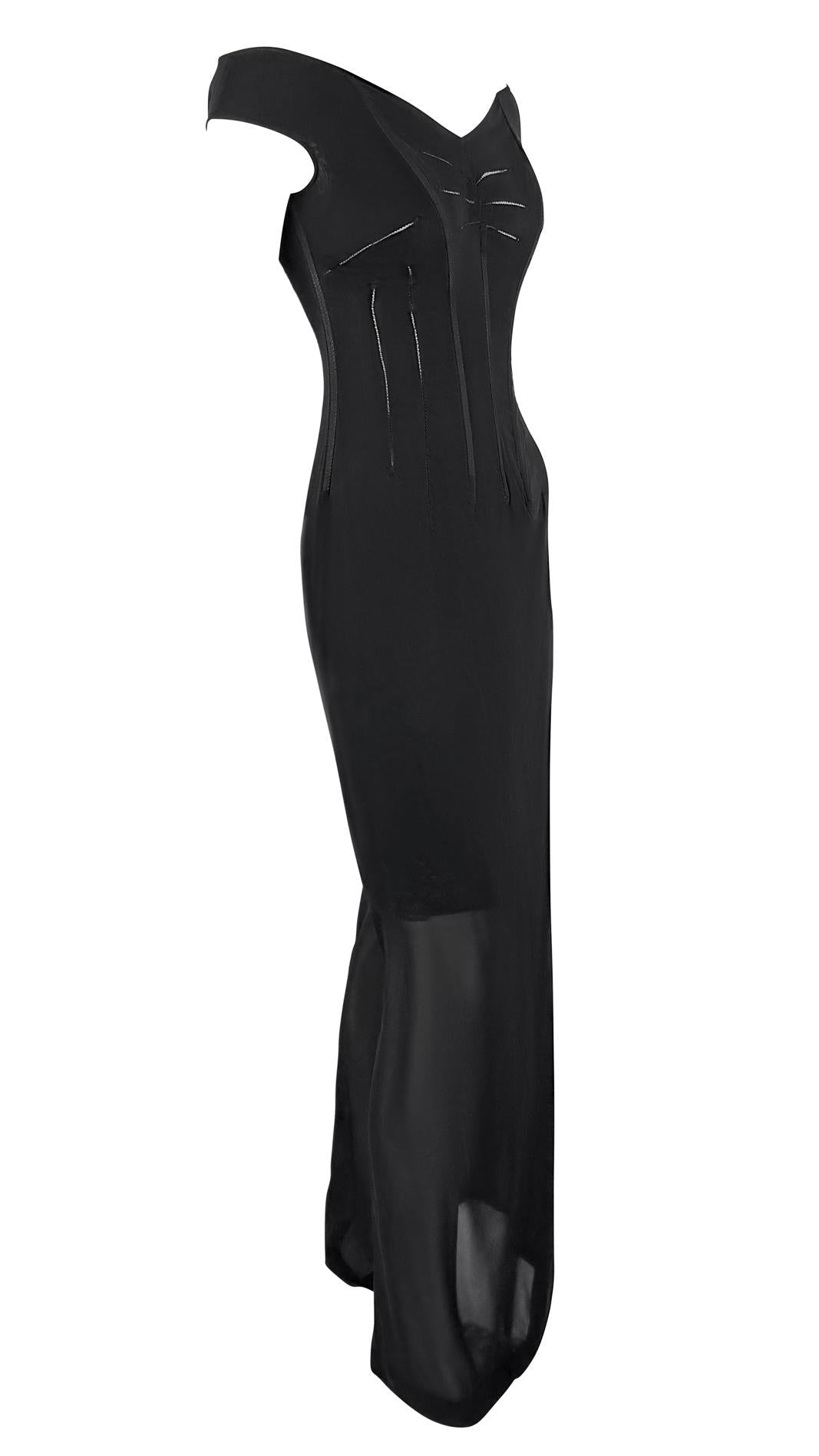 F/W 1997 Dolce & Gabbana Corset Boned Sheer Black Lace Trim Evening Gown - RealList