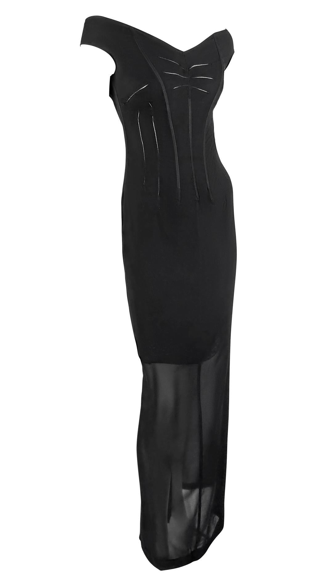 F/W 1997 Dolce & Gabbana Corset Boned Sheer Black Lace Trim Evening Gown - RealList