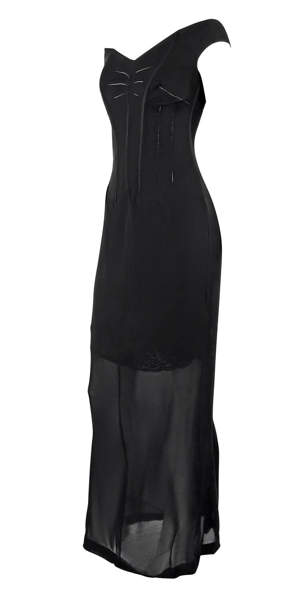 F/W 1997 Dolce & Gabbana Corset Boned Sheer Black Lace Trim Evening Gown - RealList