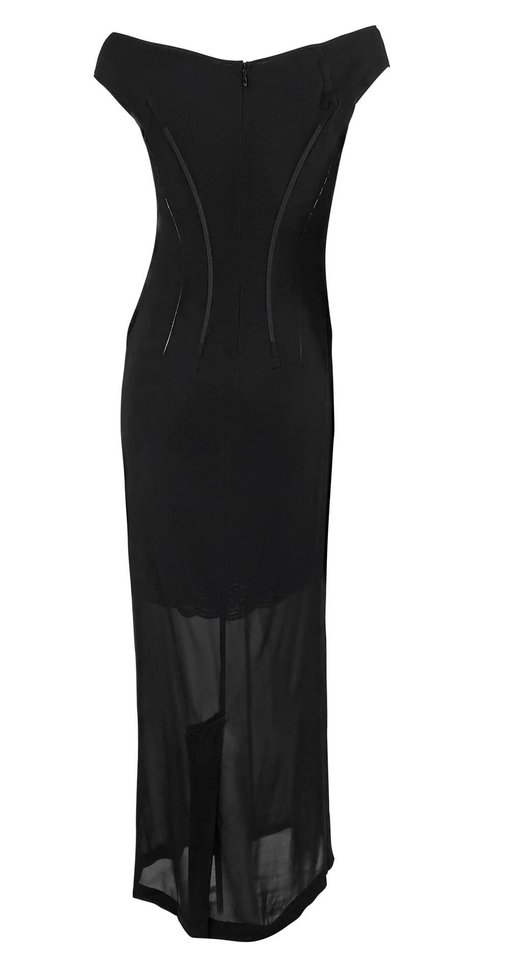 F/W 1997 Dolce & Gabbana Corset Boned Sheer Black Lace Trim Evening Gown - RealList