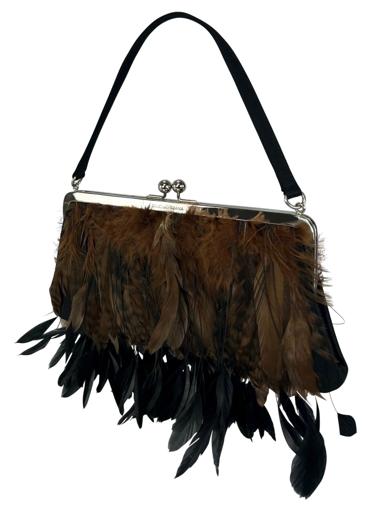 F/W 1997 Dolce & Gabbana Runway Brown Black Feather Satin Kisslock Evening Bag - RealList