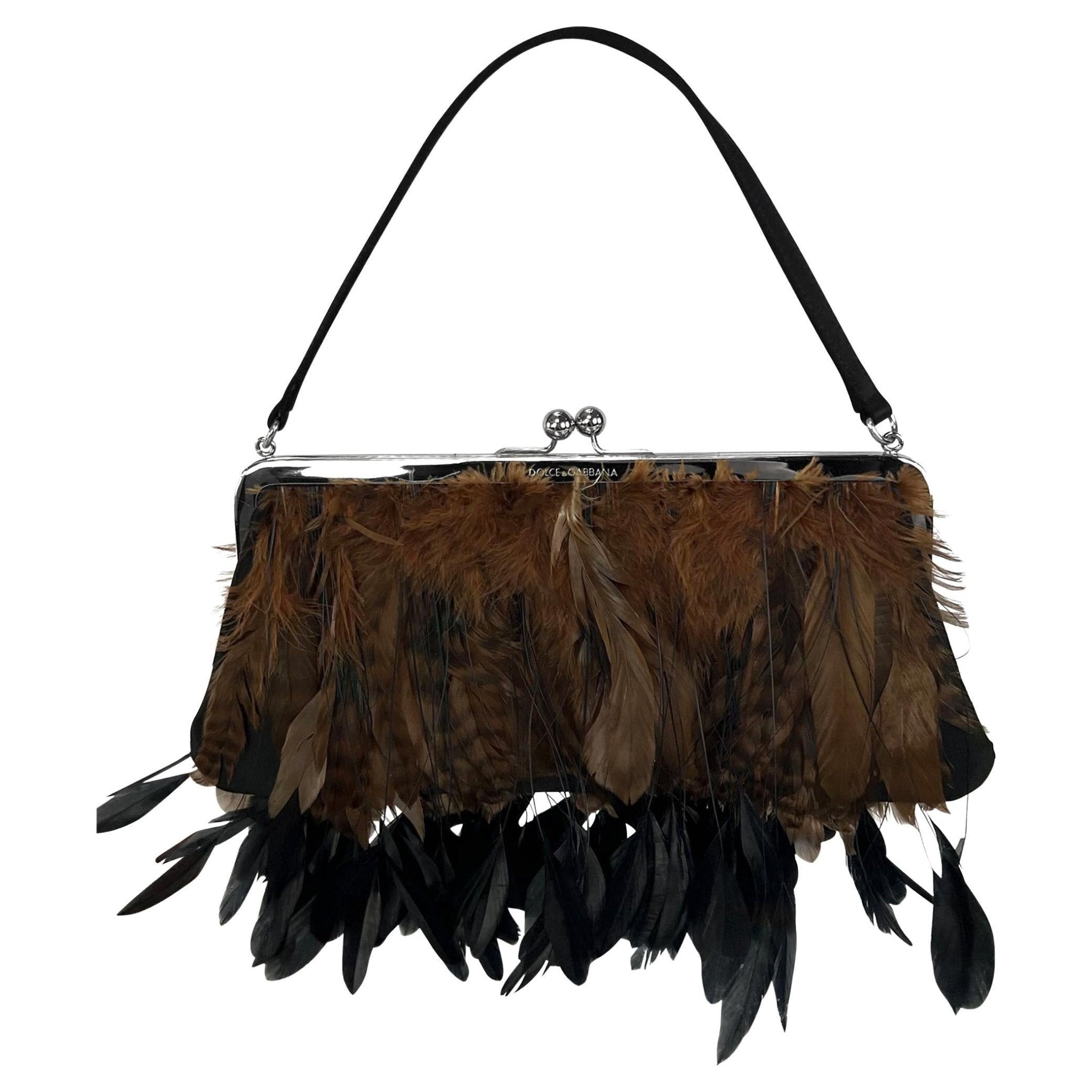 F/W 1997 Dolce & Gabbana Runway Brown Black Feather Satin Kisslock Evening Bag - RealList