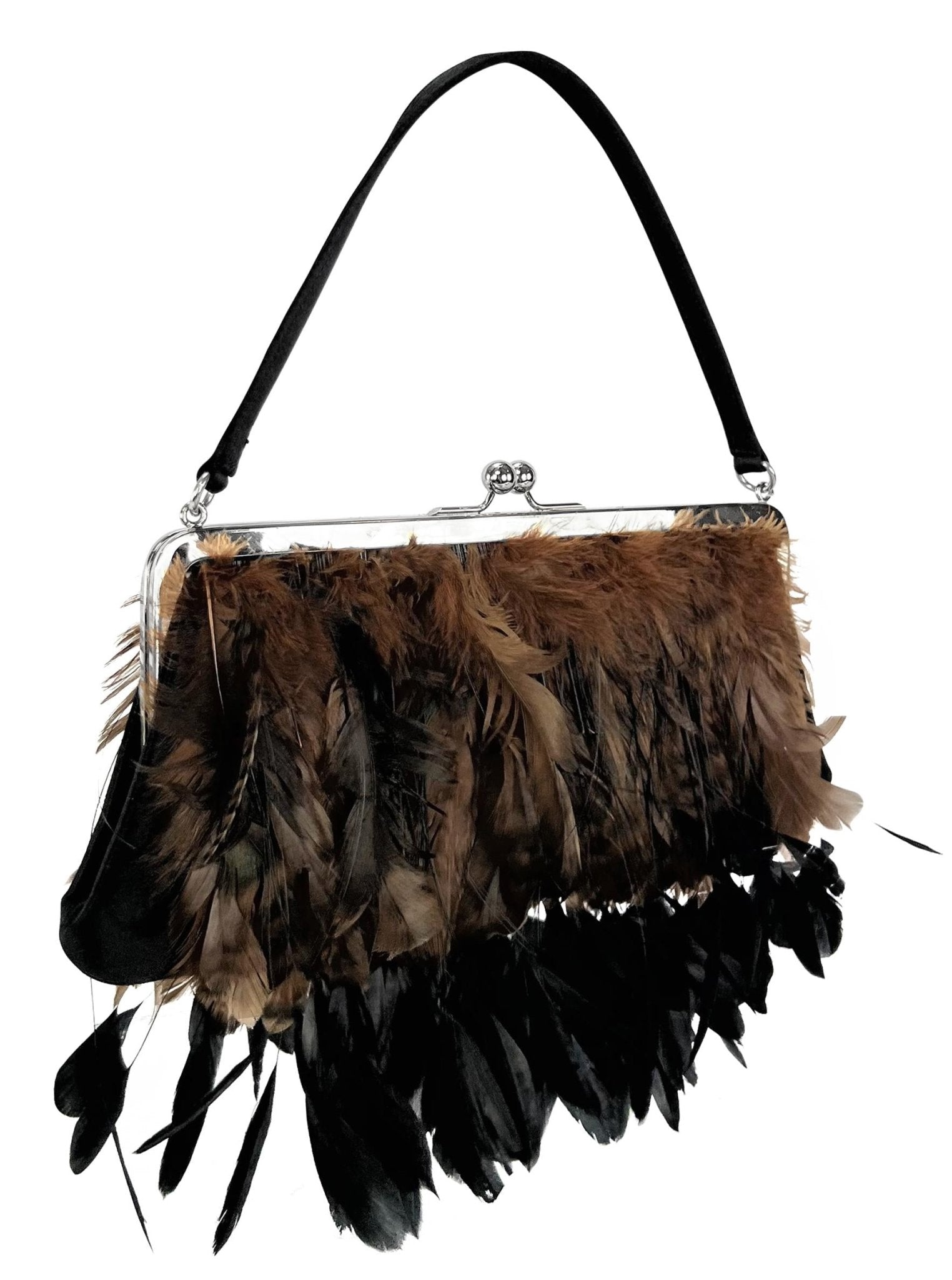 F/W 1997 Dolce & Gabbana Runway Brown Black Feather Satin Kisslock Evening Bag - RealList